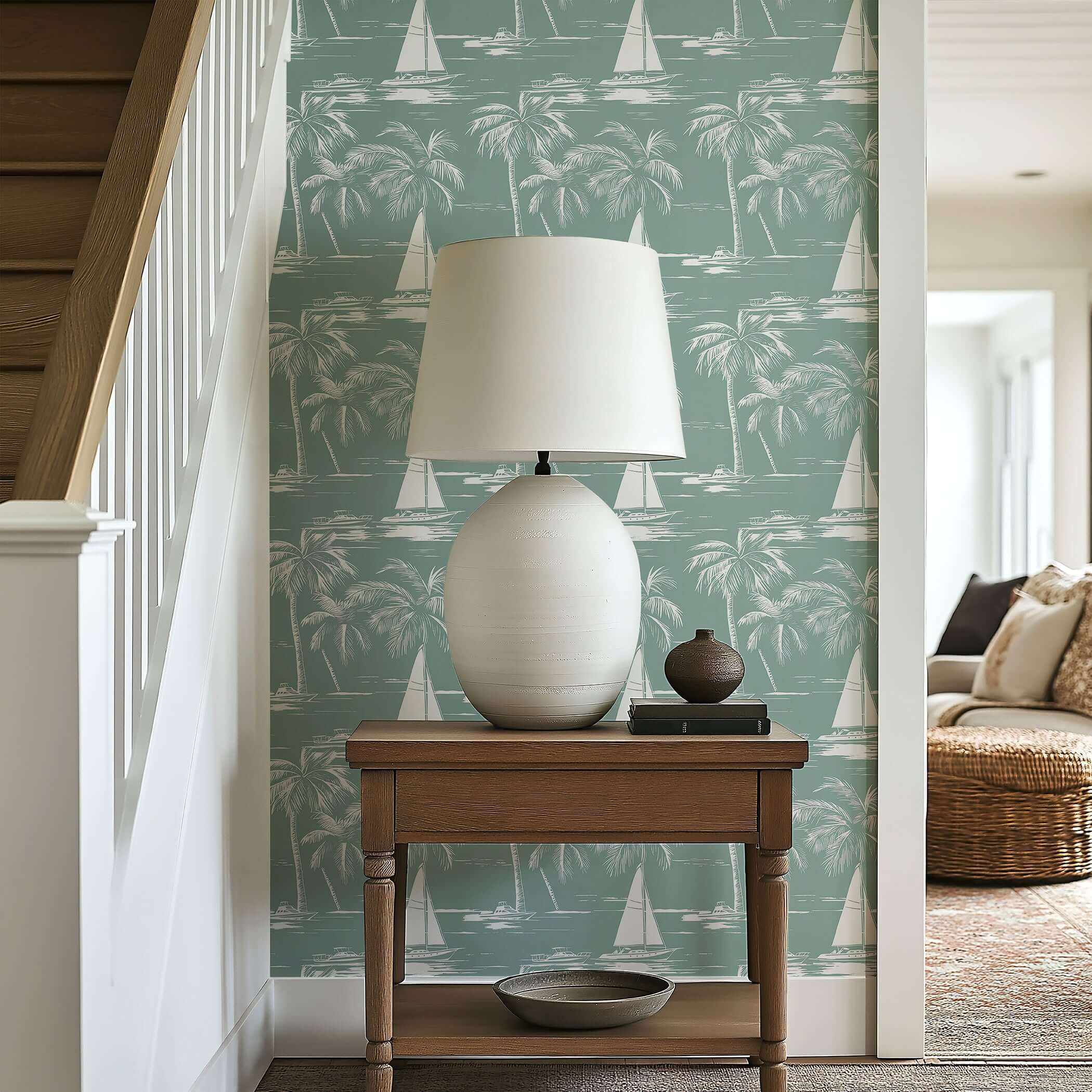 Seafoam green wallpaper with boats, yachts, and palm trees; perfect for coastal or nautical interiors. "Harbor Escape" design.