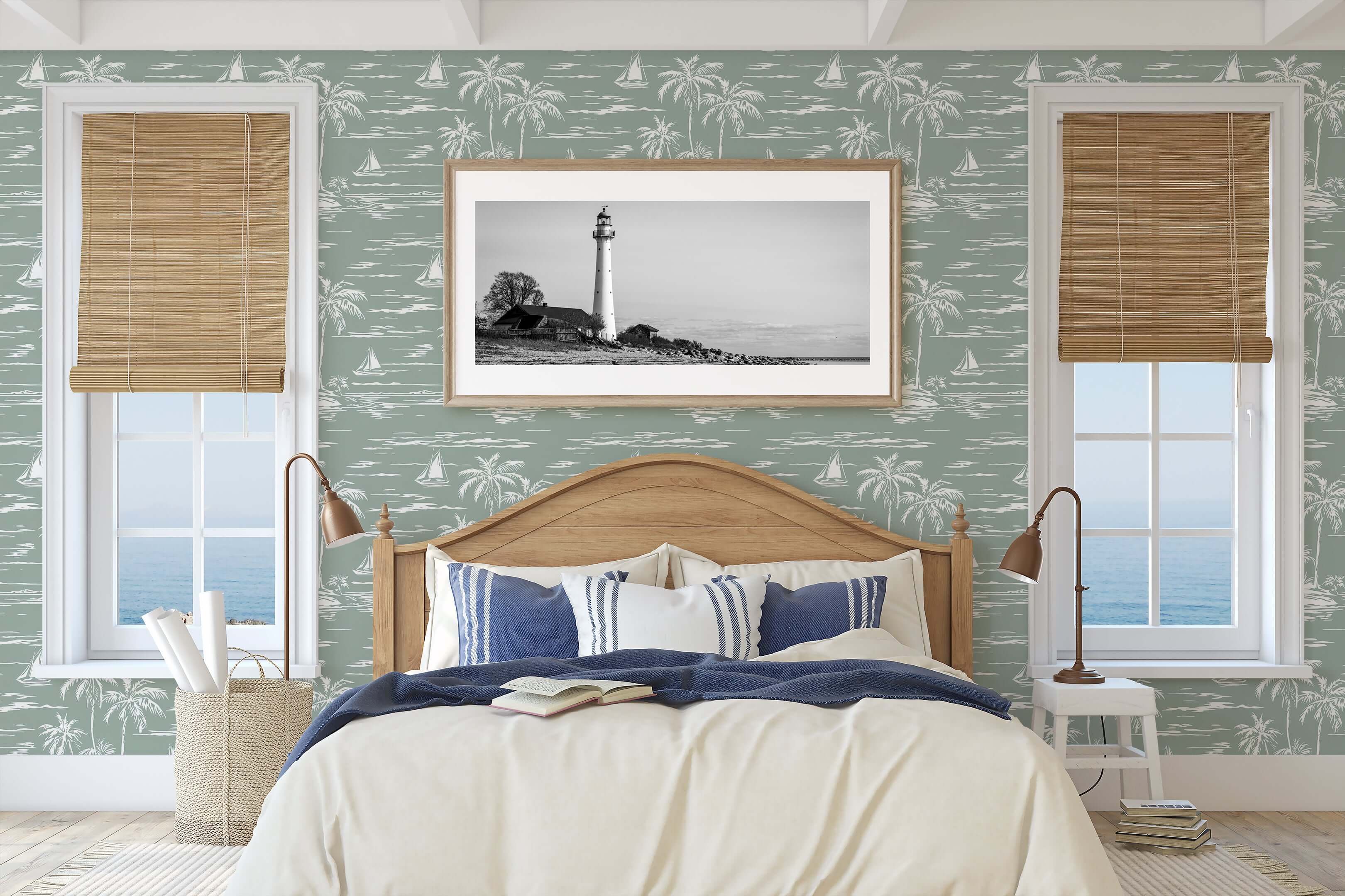 Bedroom with Palm Coastline wallpaper featuring boats, palm trees, and coastal view in sage green and white, enhancing coastal decor.