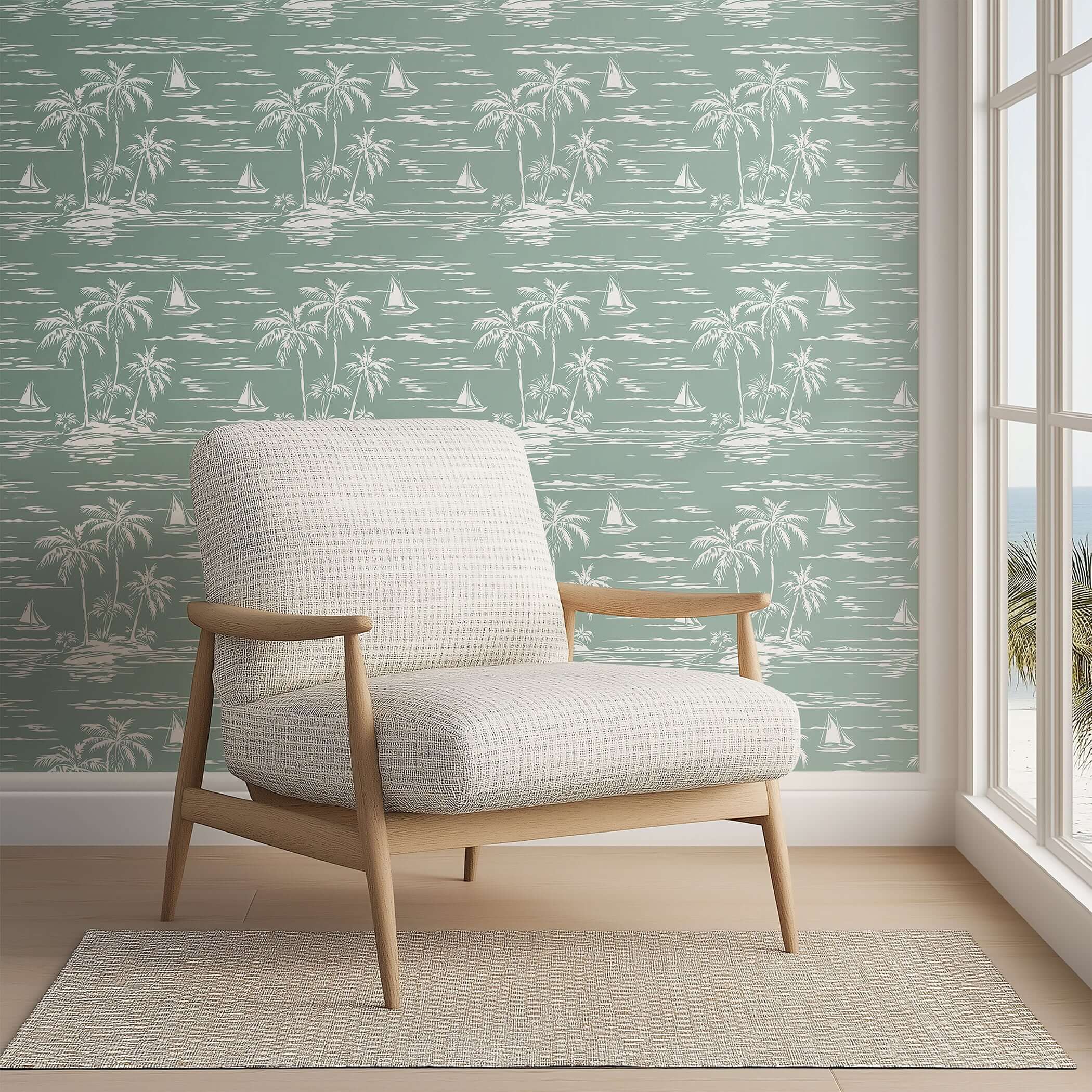 Sage green coastal wallpaper featuring sailboats and palm trees, perfect for beach-themed interiors, with a modern chair in front.