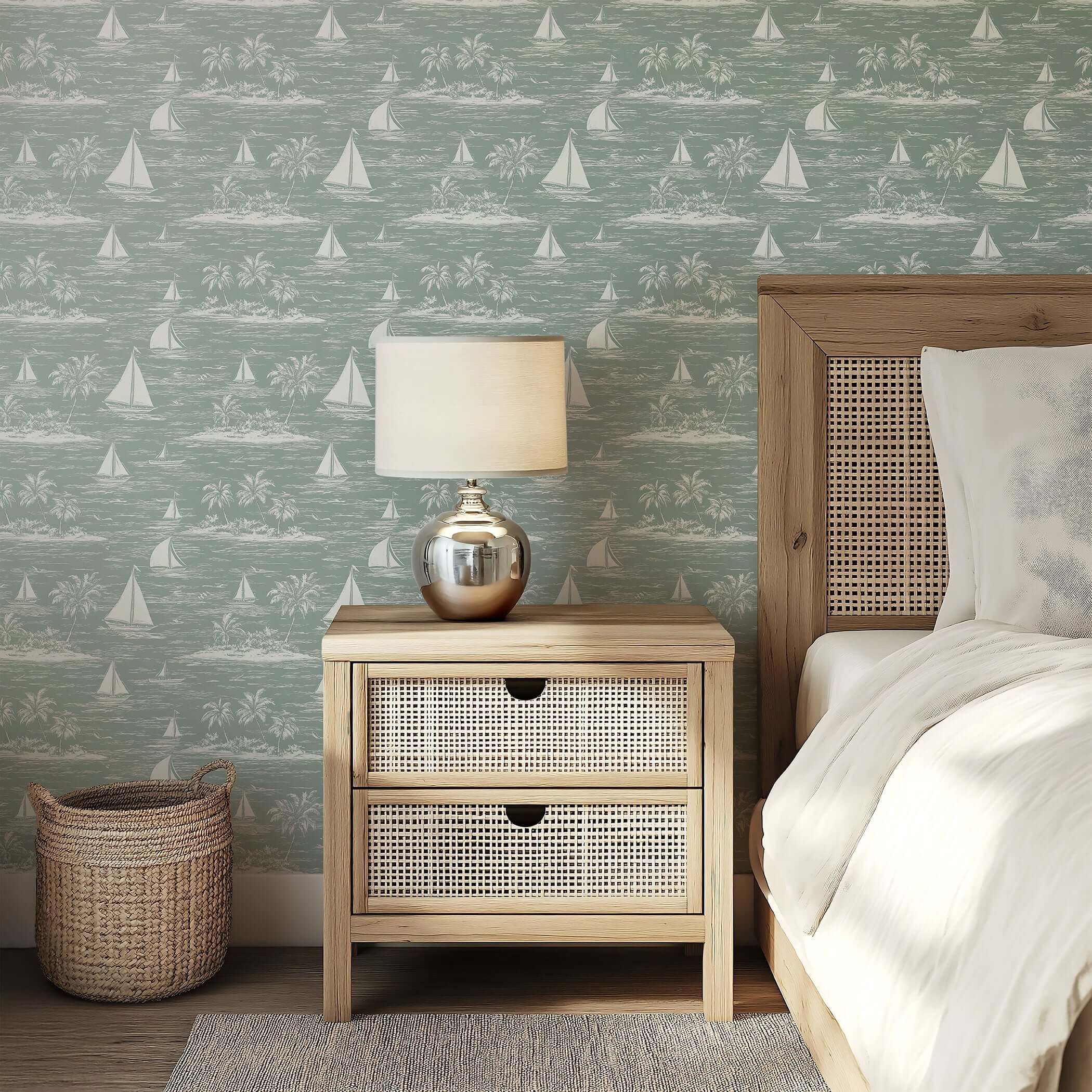 Harbor Calm wallpaper featuring boats and palm trees in a coastal toile design in a serene bedroom setting.