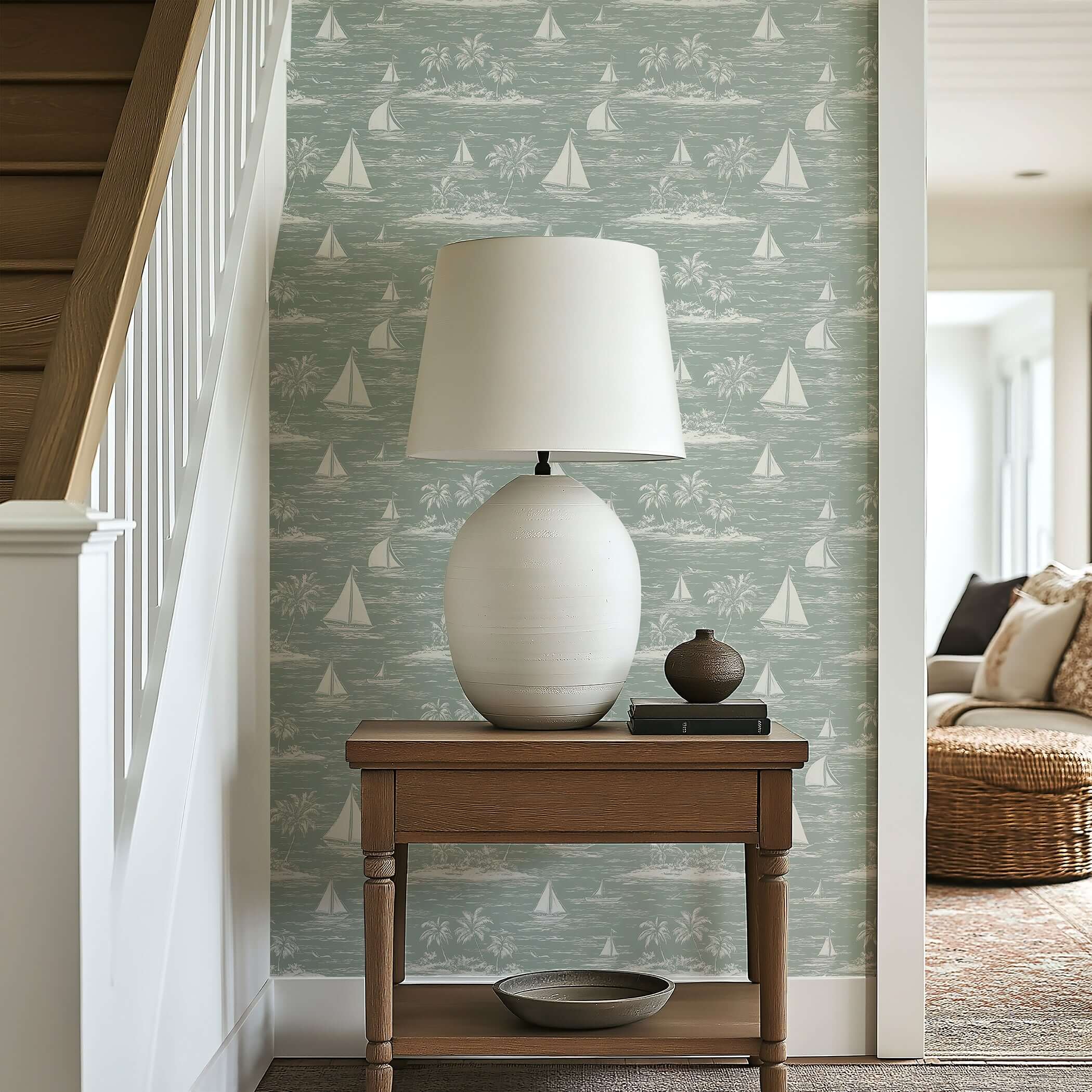 Coastal room with Harbor Calm wallpaper featuring boats, ocean, palm trees, creating a tranquil seaside ambiance.