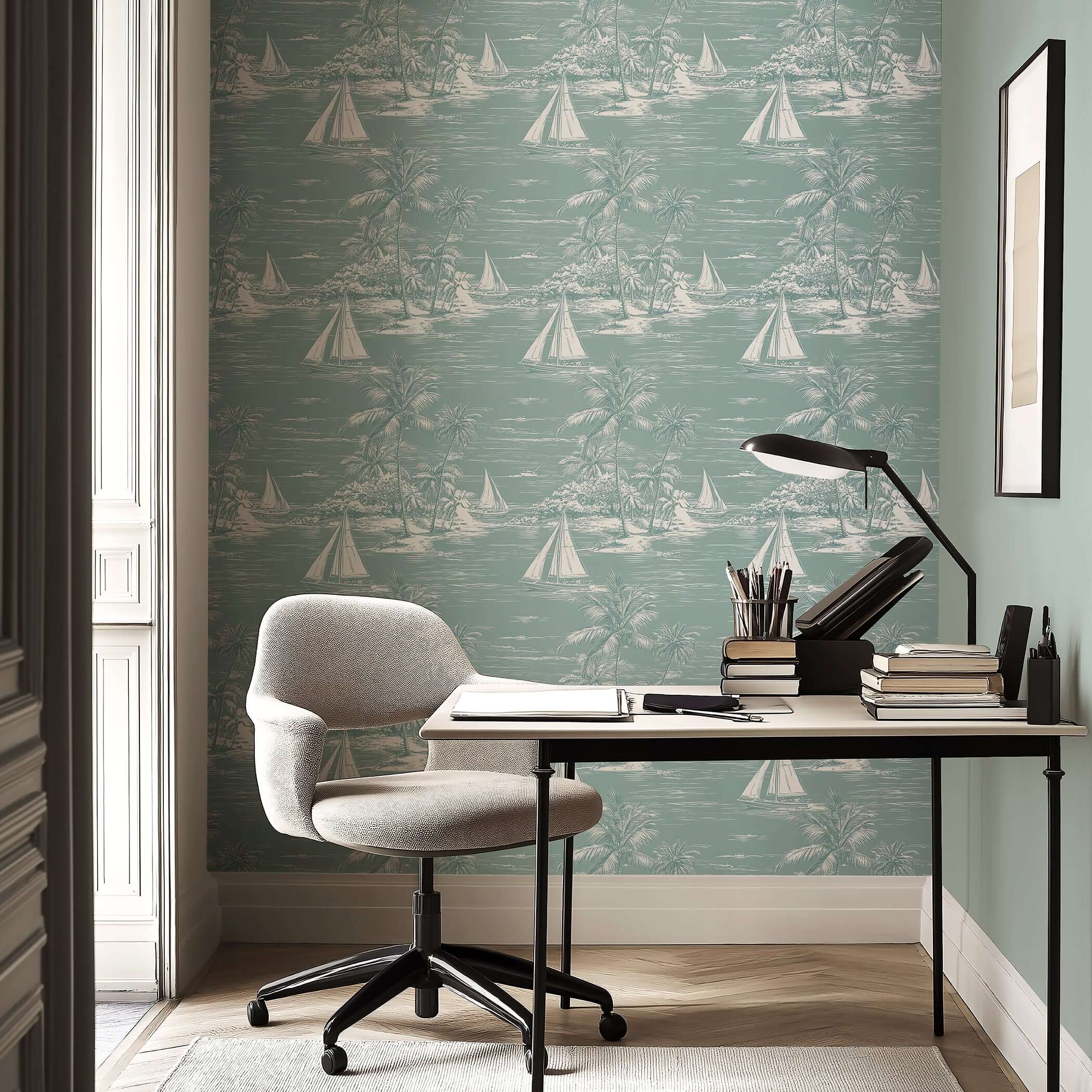 Lagoon Views wallpaper with boats and palm trees, creating a serene coastal atmosphere in a stylish home office.
