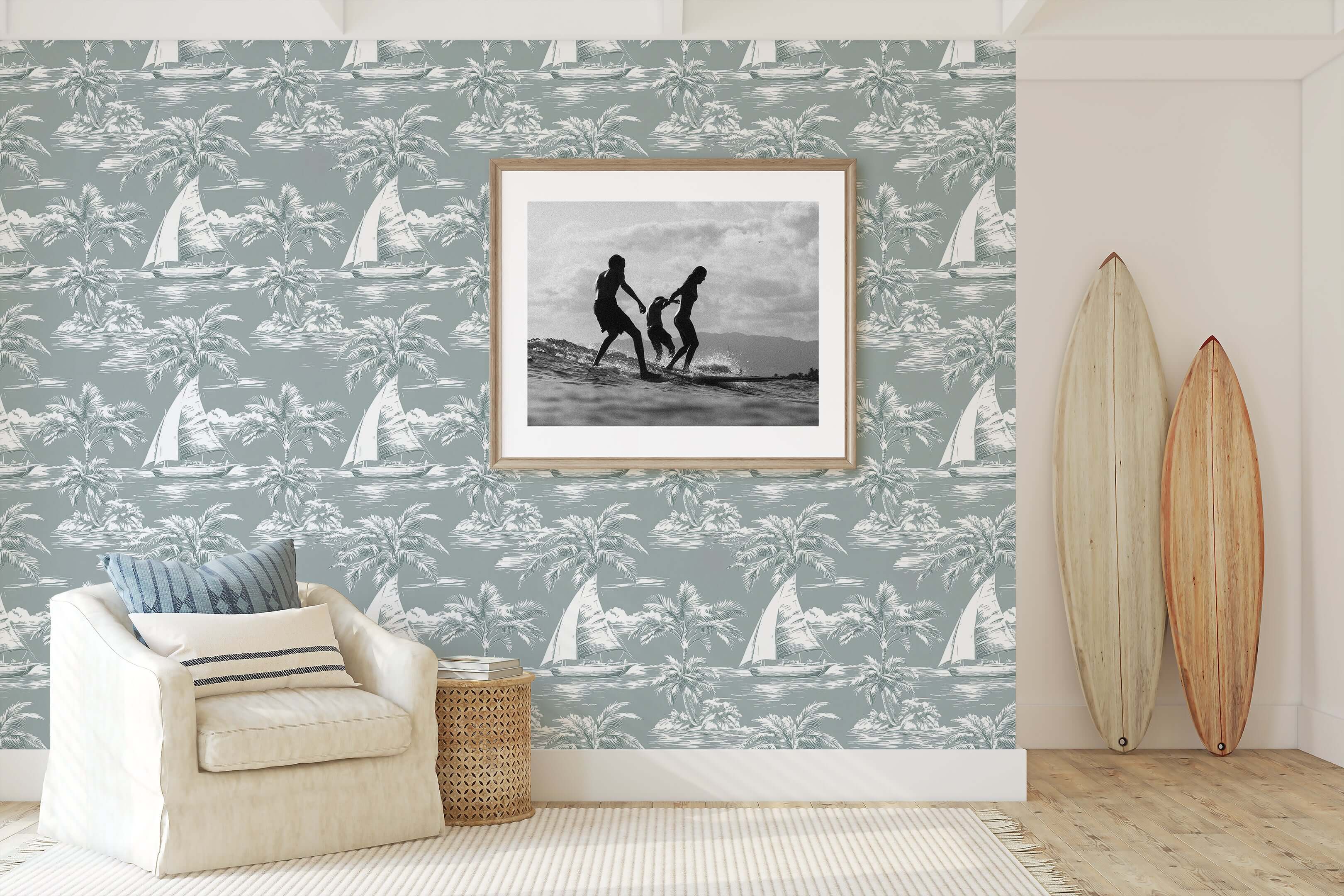 Coastal Dreamscape Wallpaper featuring sailboats, palm trees, and harbors for a serene seaside ambiance in any room.