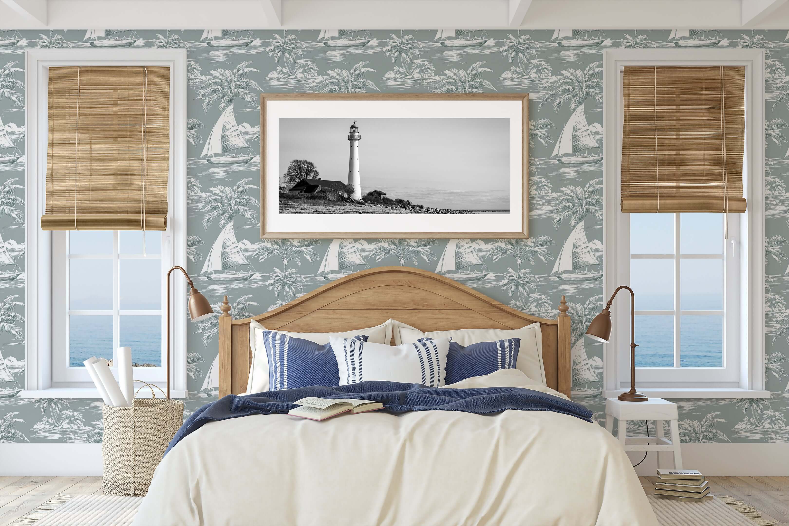 Coastal Dreamscape Wallpaper with palm trees and sailboats, creating a peaceful ocean harbor vibe in a stylish bedroom setting.