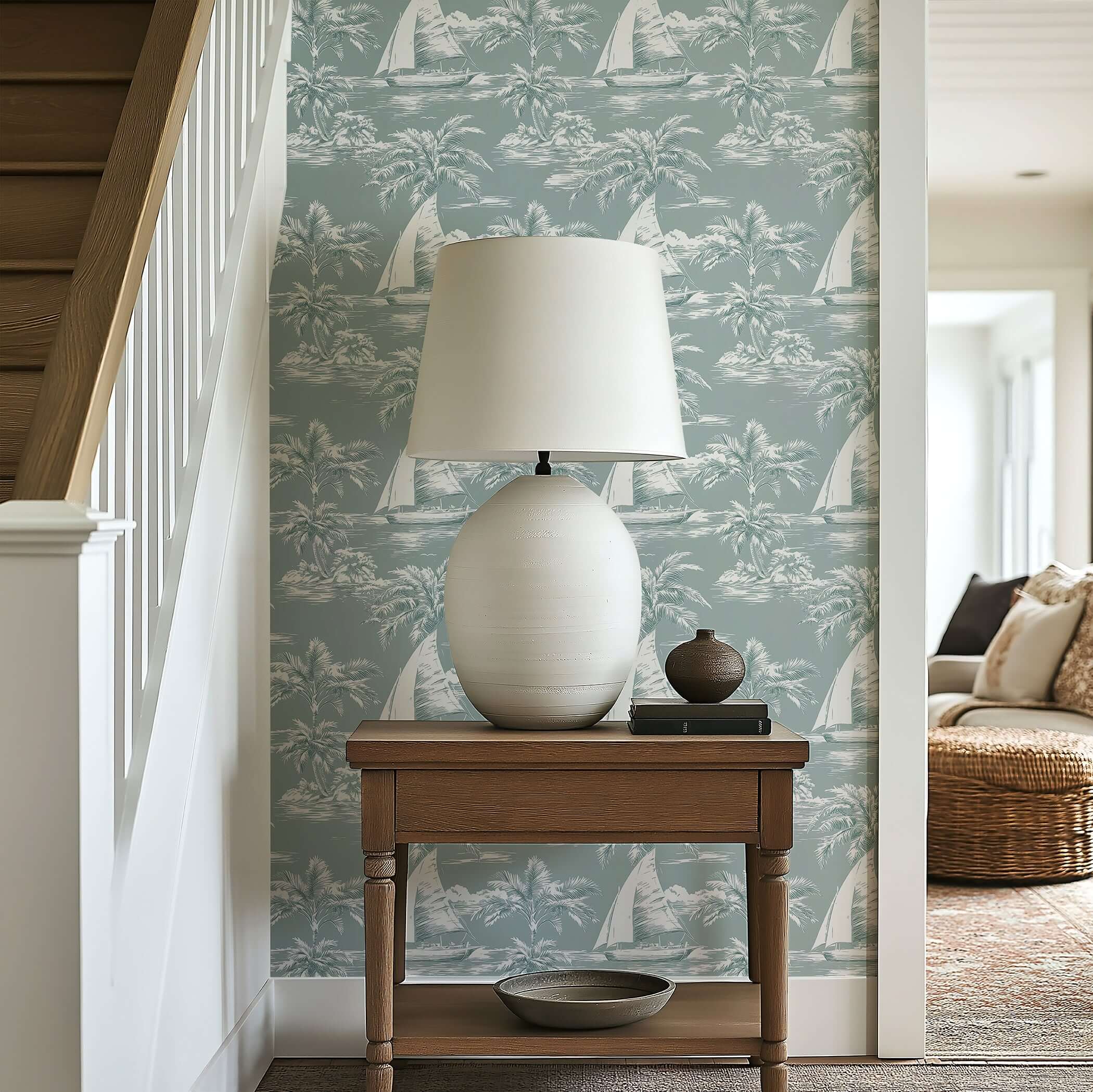 Coastal Dreamscape wallpaper featuring sailboats, palm trees, and harbor scenes, perfect for ocean-themed décor in any room.