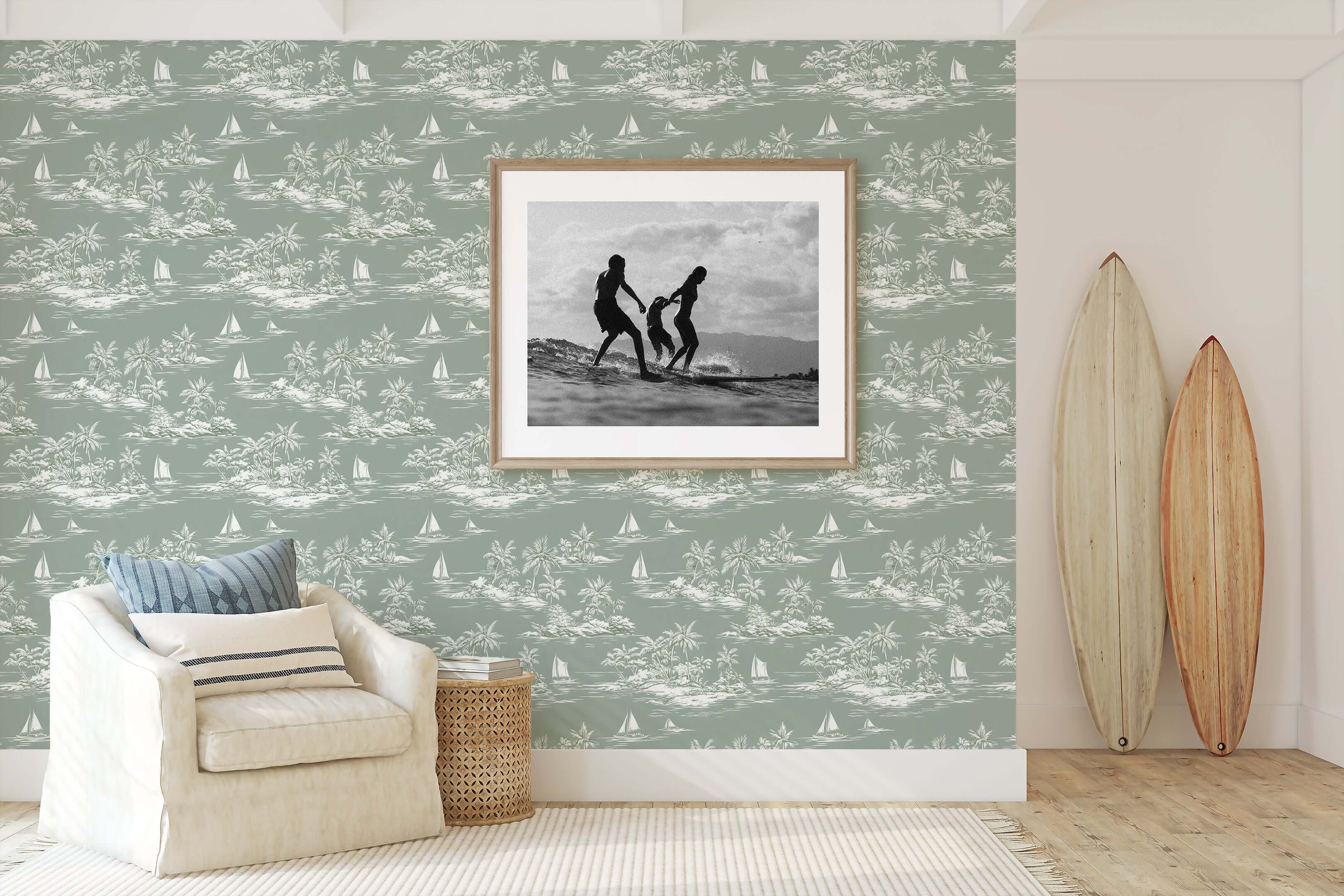 Island Escape wallpaper featuring sailboats and palm trees, perfect for coastal-themed rooms. Includes framed art and surfboards.