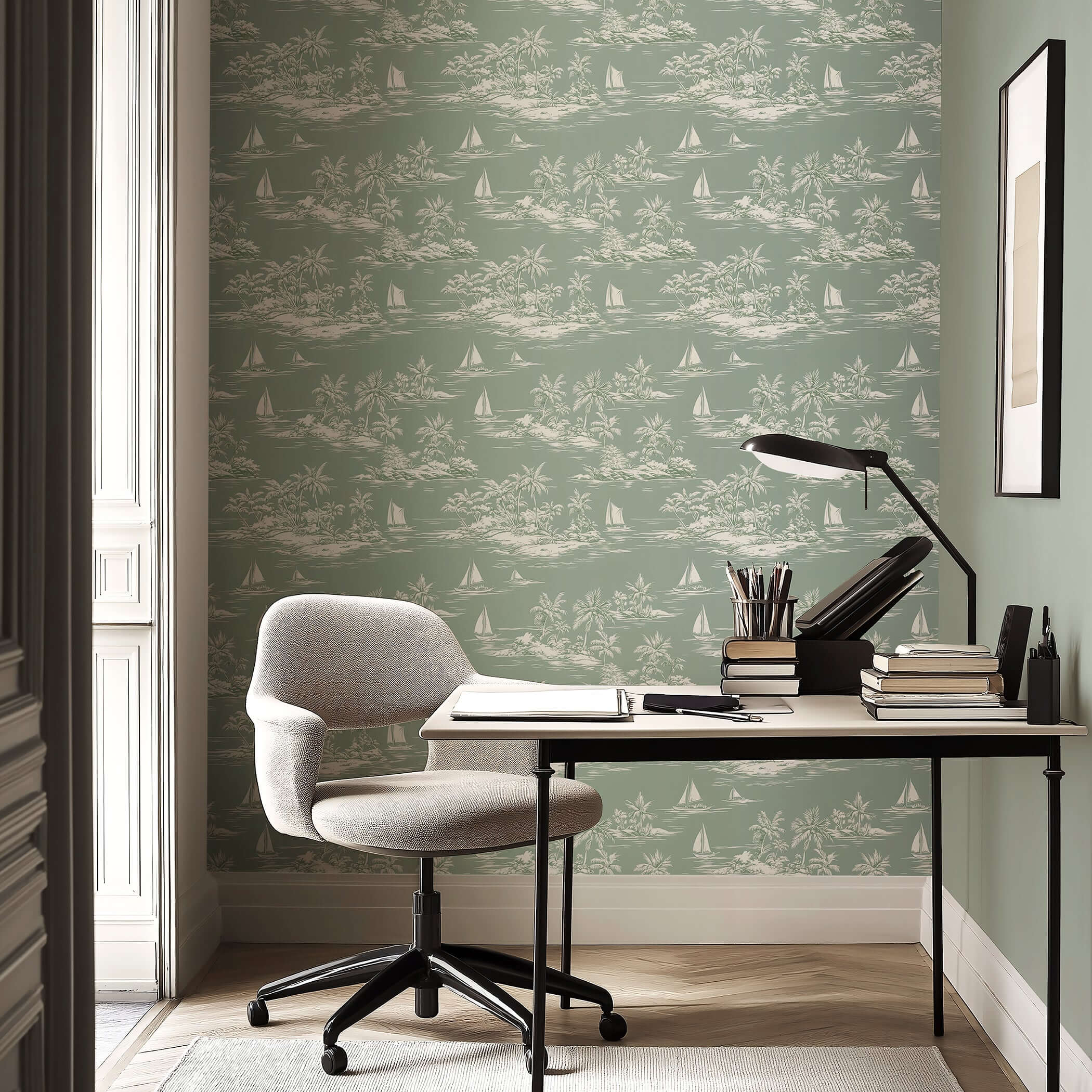 Home office with Island Escape wallpaper featuring sailboats, palm trees, and coastal scenery for a tranquil nautical ambiance.