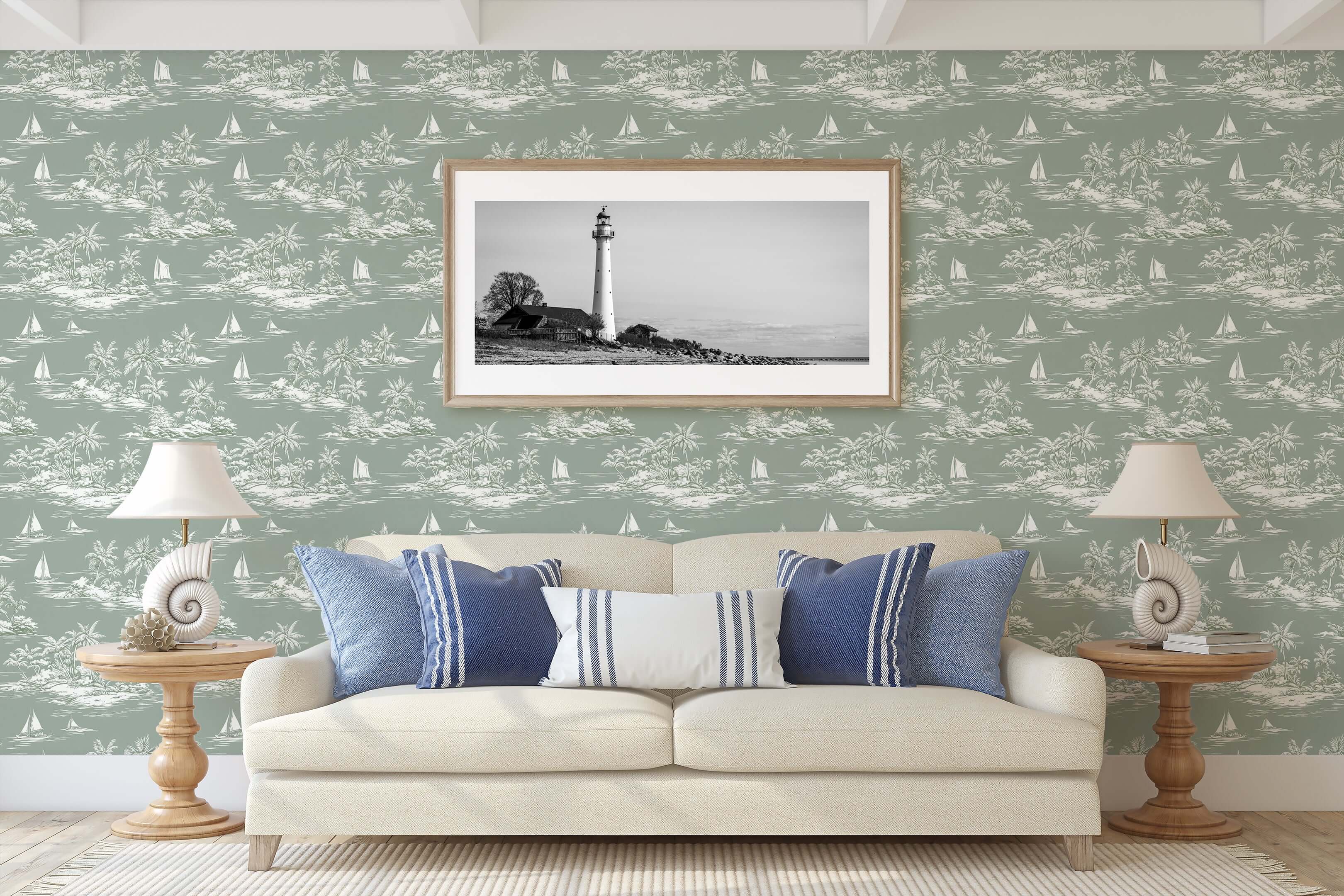 Island Escape wallpaper featuring sailboats, palm trees, and islands in a coastal living room setting with nautical decor.