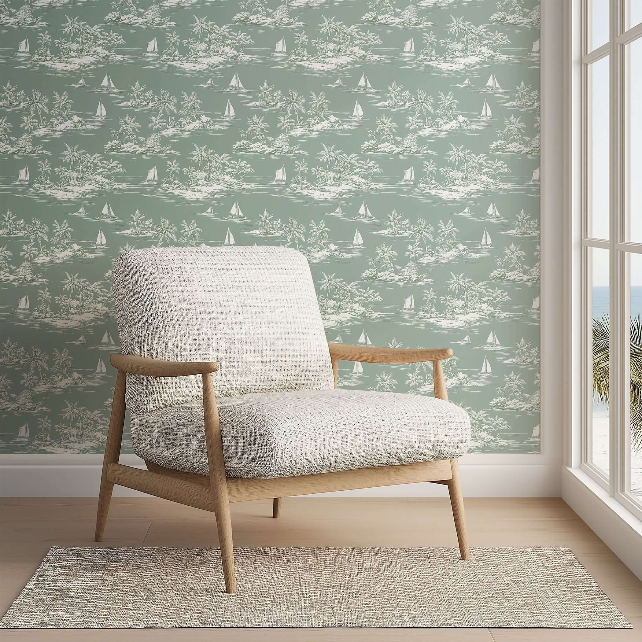 Island Escape Wallpaper with boats and palm trees, ideal coastal décor, featuring toile design and nautical theme for home interiors.