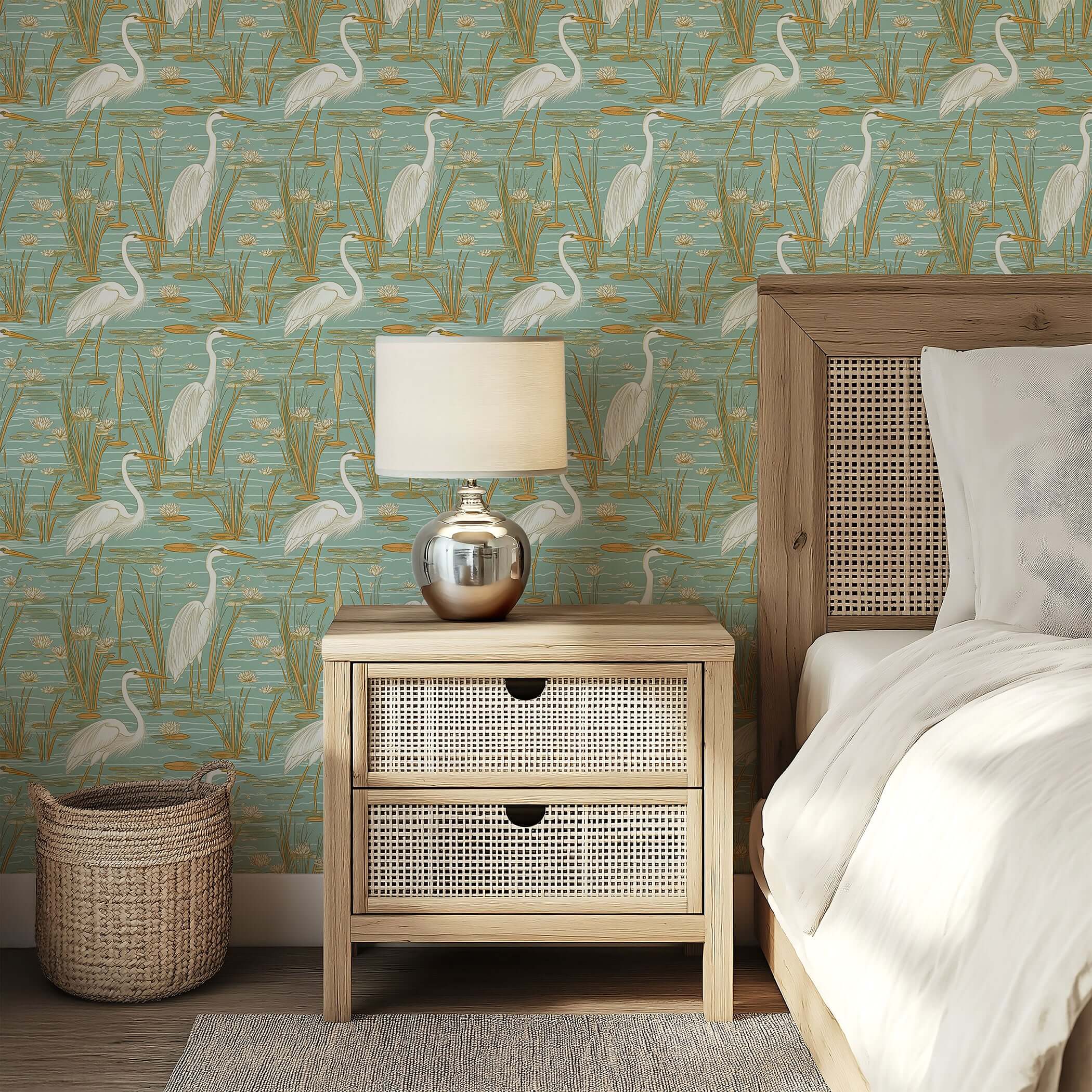 Coastal teal wallpaper featuring blue herons in a tranquil marshland setting with tan reeds, perfect for serene interior decor.