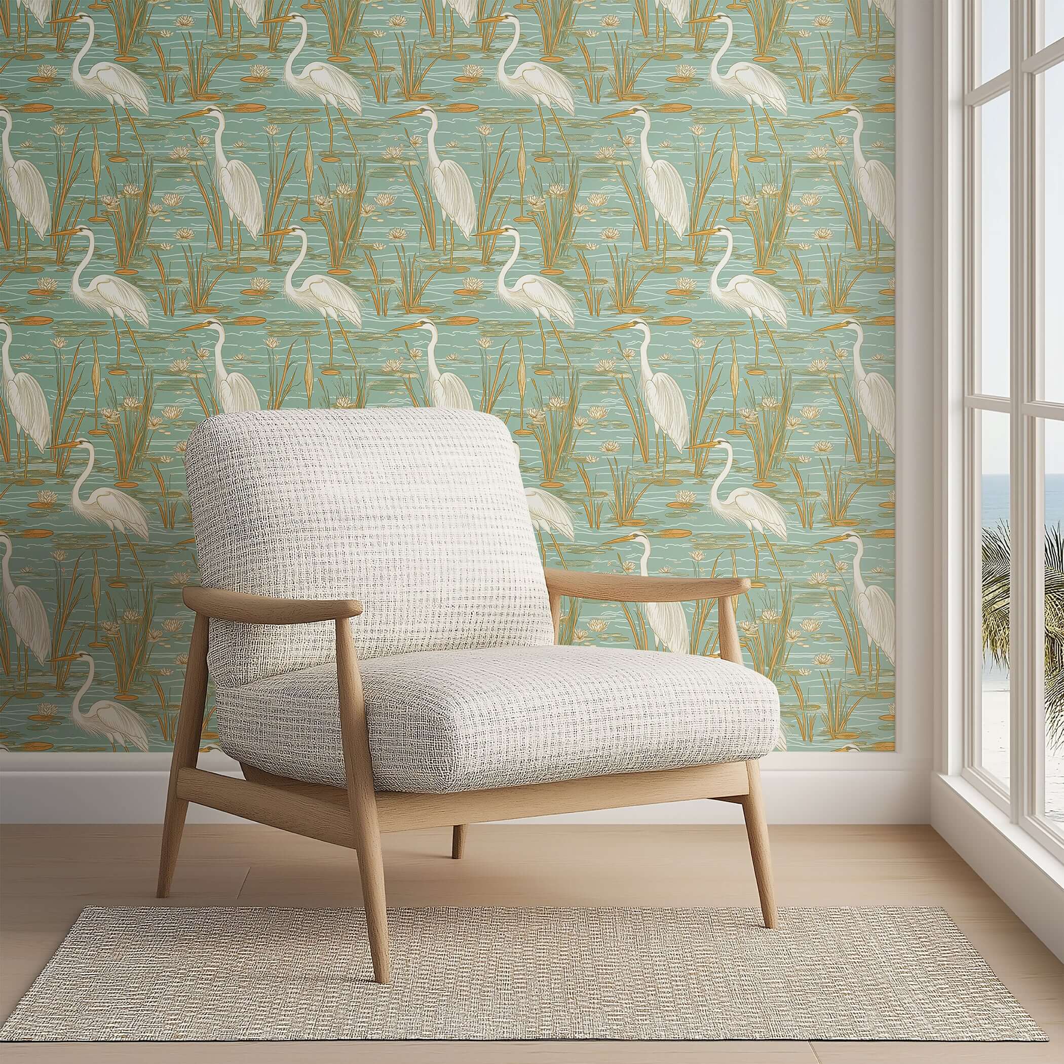 Tranquil Marshland wallpaper featuring blue herons, teal waters, lilies, and marsh plants, creating a serene coastal atmosphere.