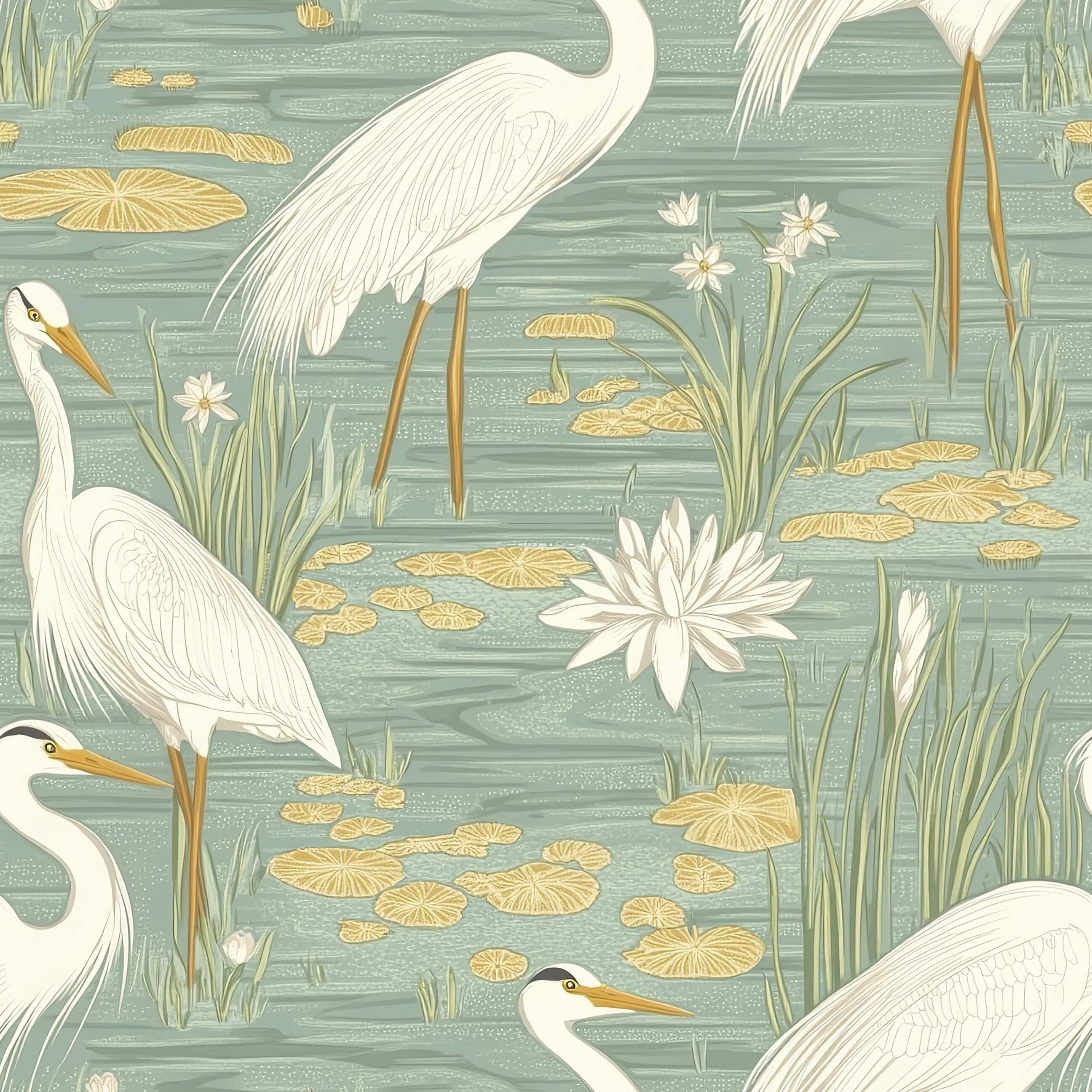 "Tranquil Marshland II Wallpaper featuring white herons, water lilies, and reeds in a teal and tan modern design."