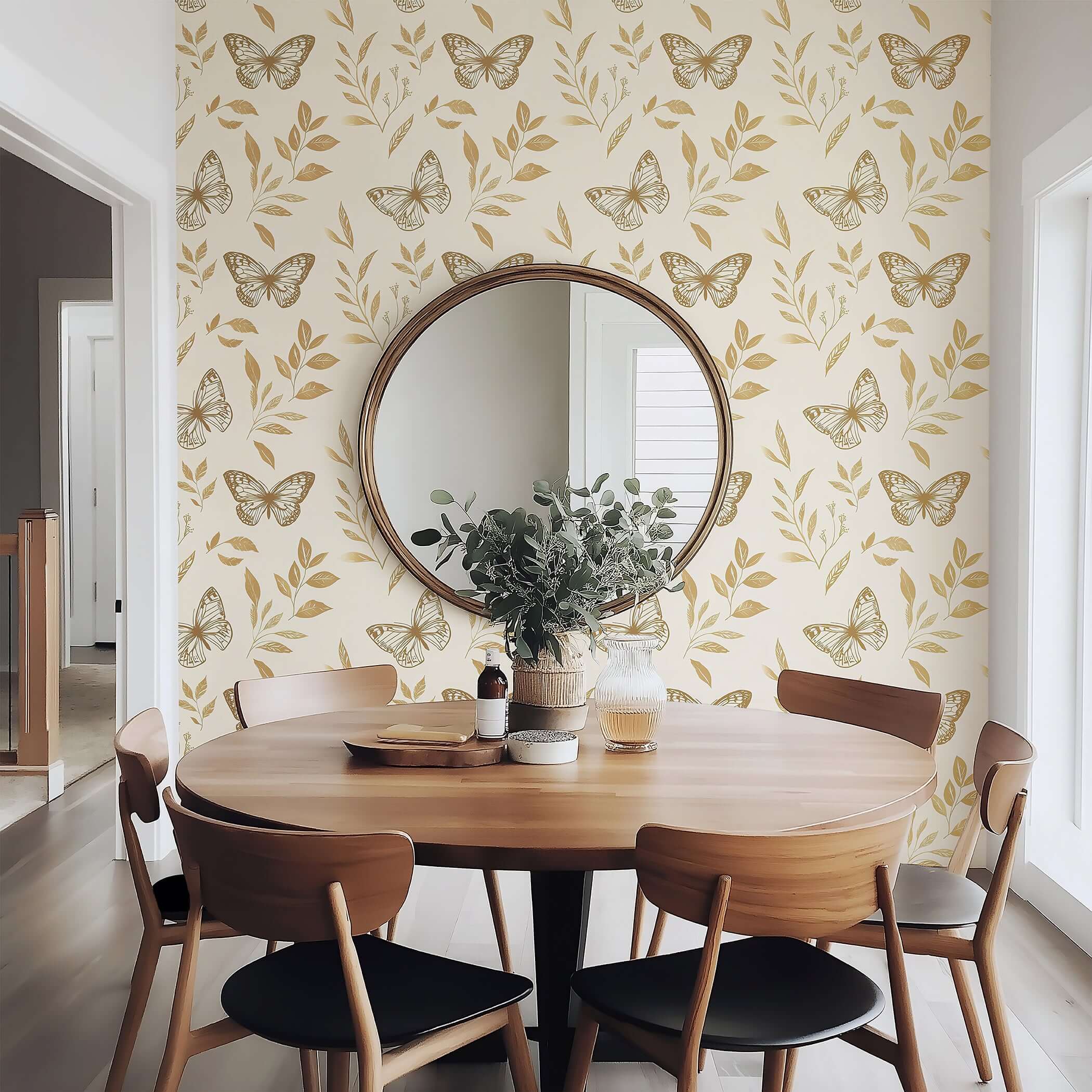 Golden Flight II wallpaper with metallic gold butterflies on an ivory floral backdrop, perfect for modern nurseries and playrooms.