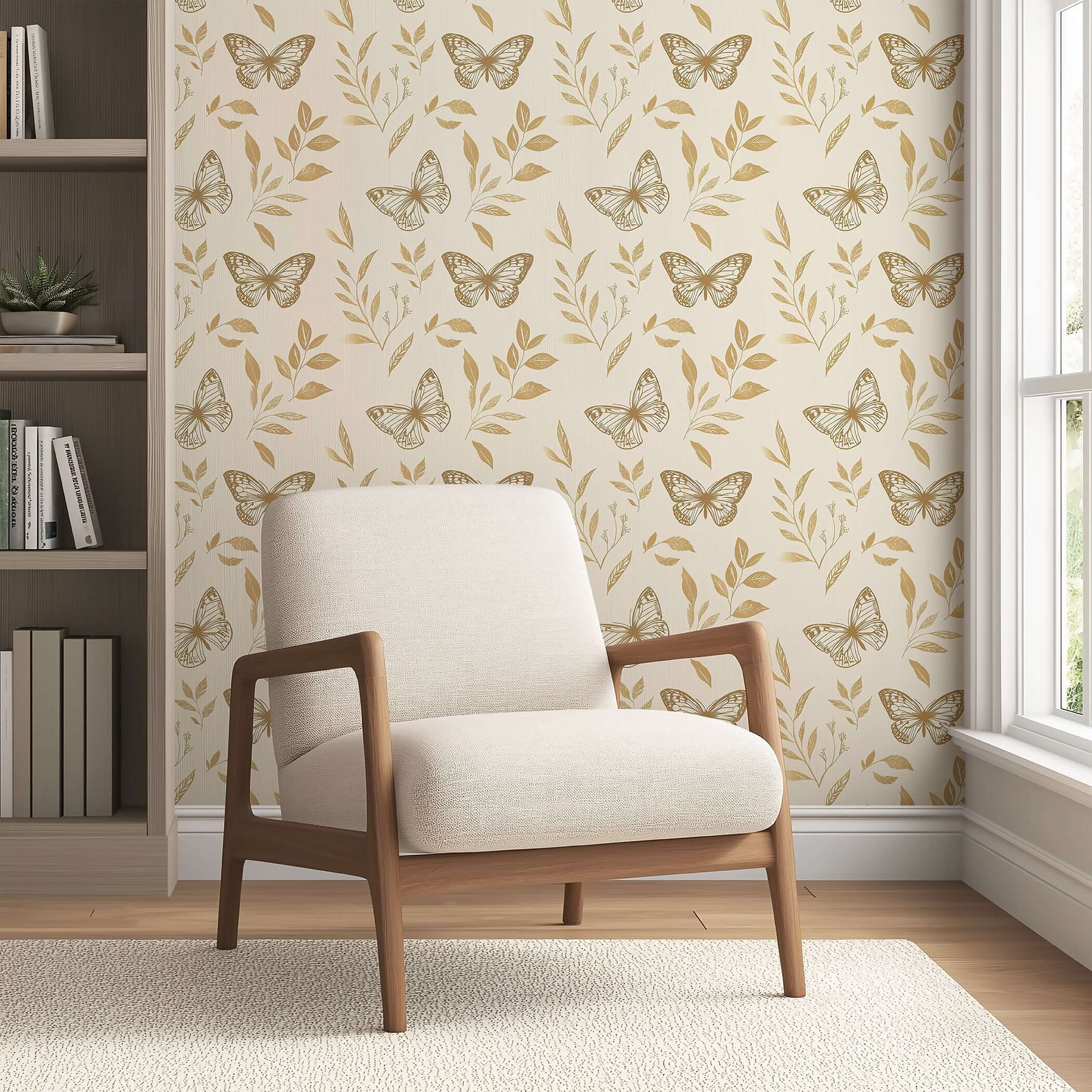 Room with Golden Flight II wallpaper featuring metallic gold butterflies and florals on ivory, perfect for modern nurseries and playrooms.
