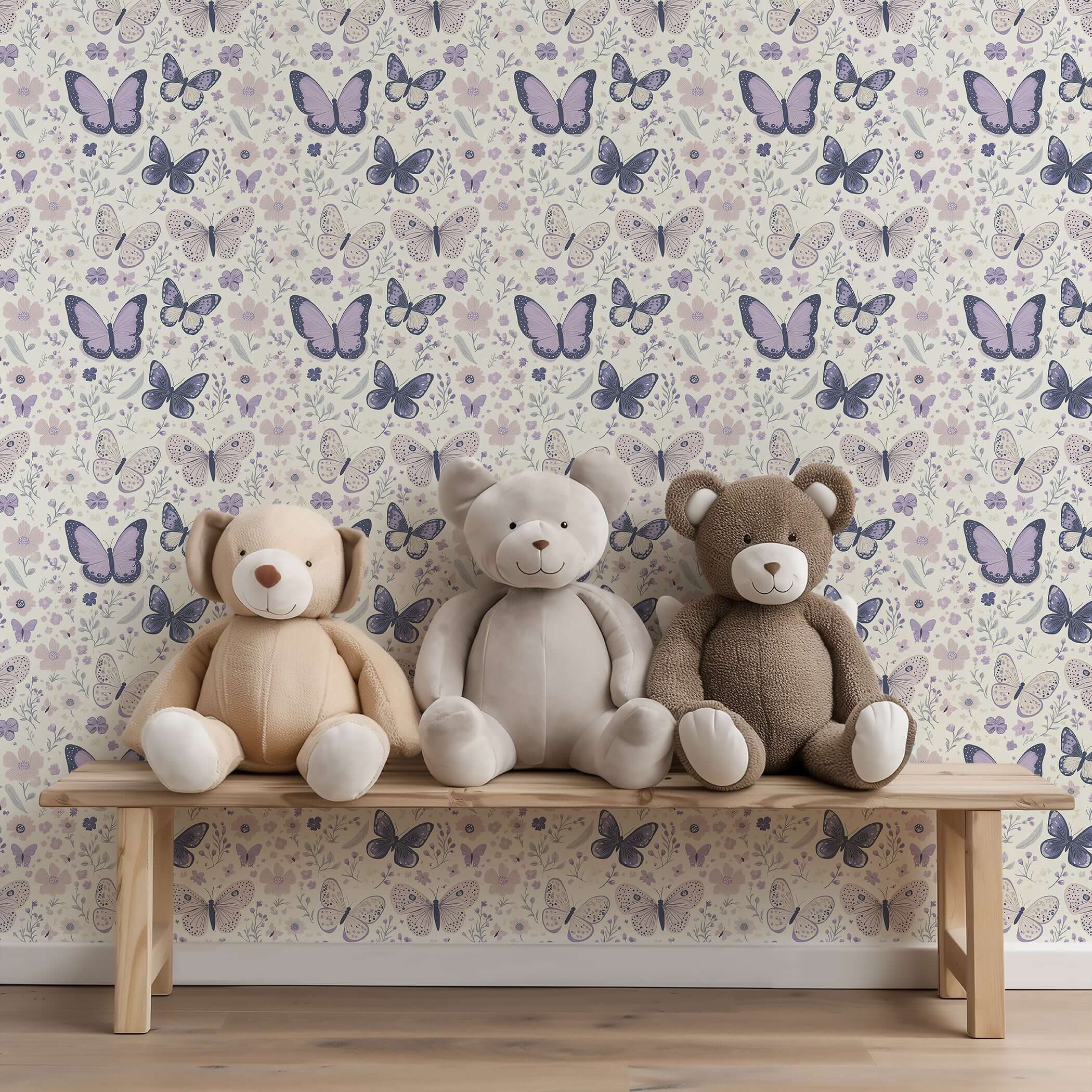 Butterfly Garden Dreams wallpaper featuring lilac butterflies and florals behind plush bears, ideal for a children's nursery or playroom.