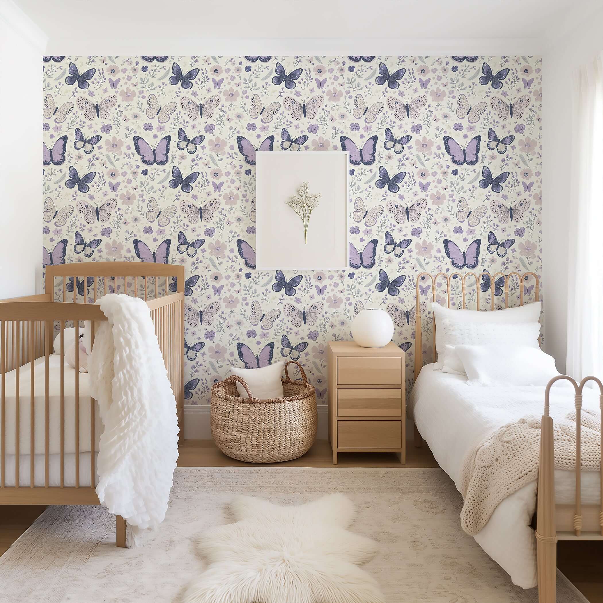 Charming nursery with Butterfly Garden Dreams wallpaper featuring purple butterflies and florals, perfect for a baby or playroom.