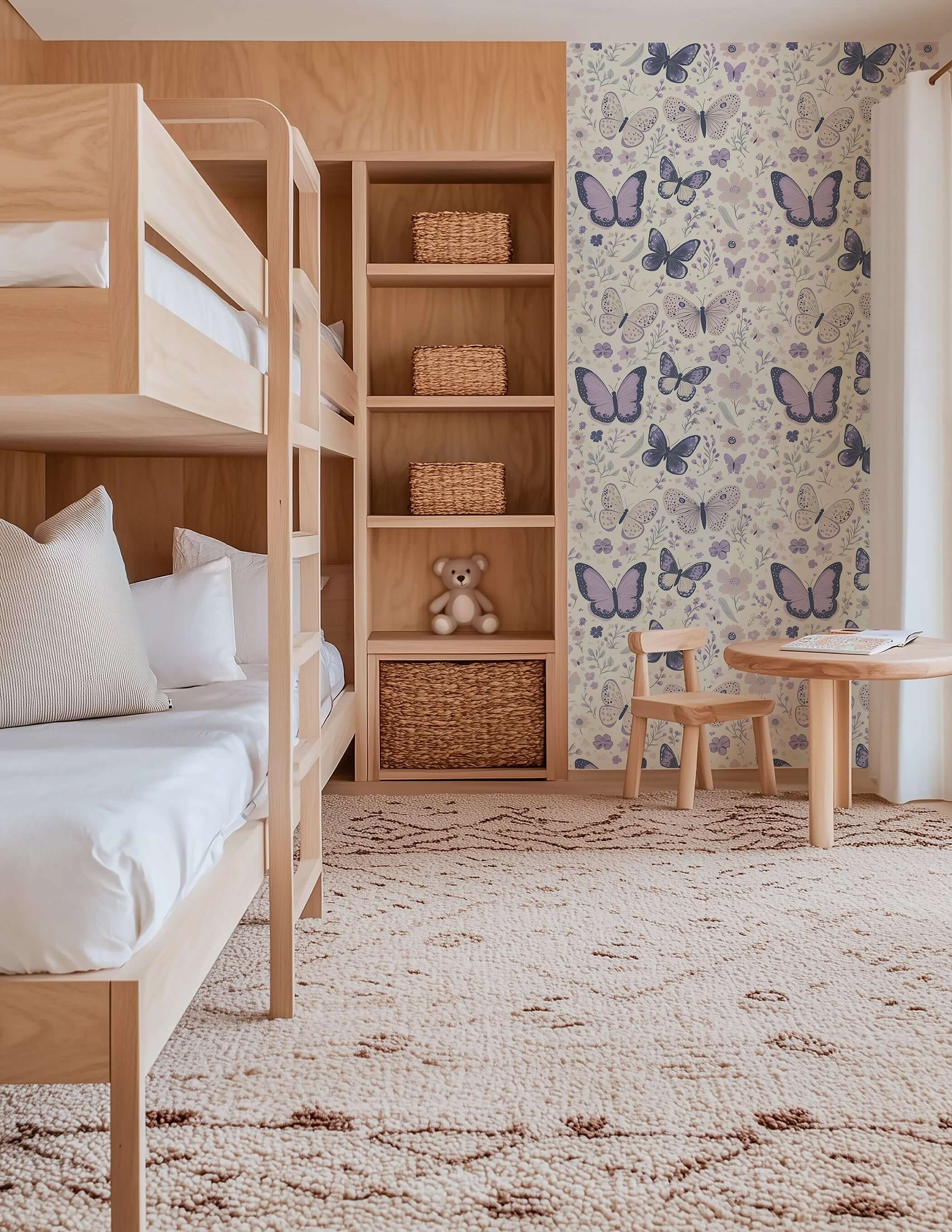 Charming nursery with Butterfly Garden Dreams wallpaper featuring florals and butterflies, perfect for a modern playroom or baby room.