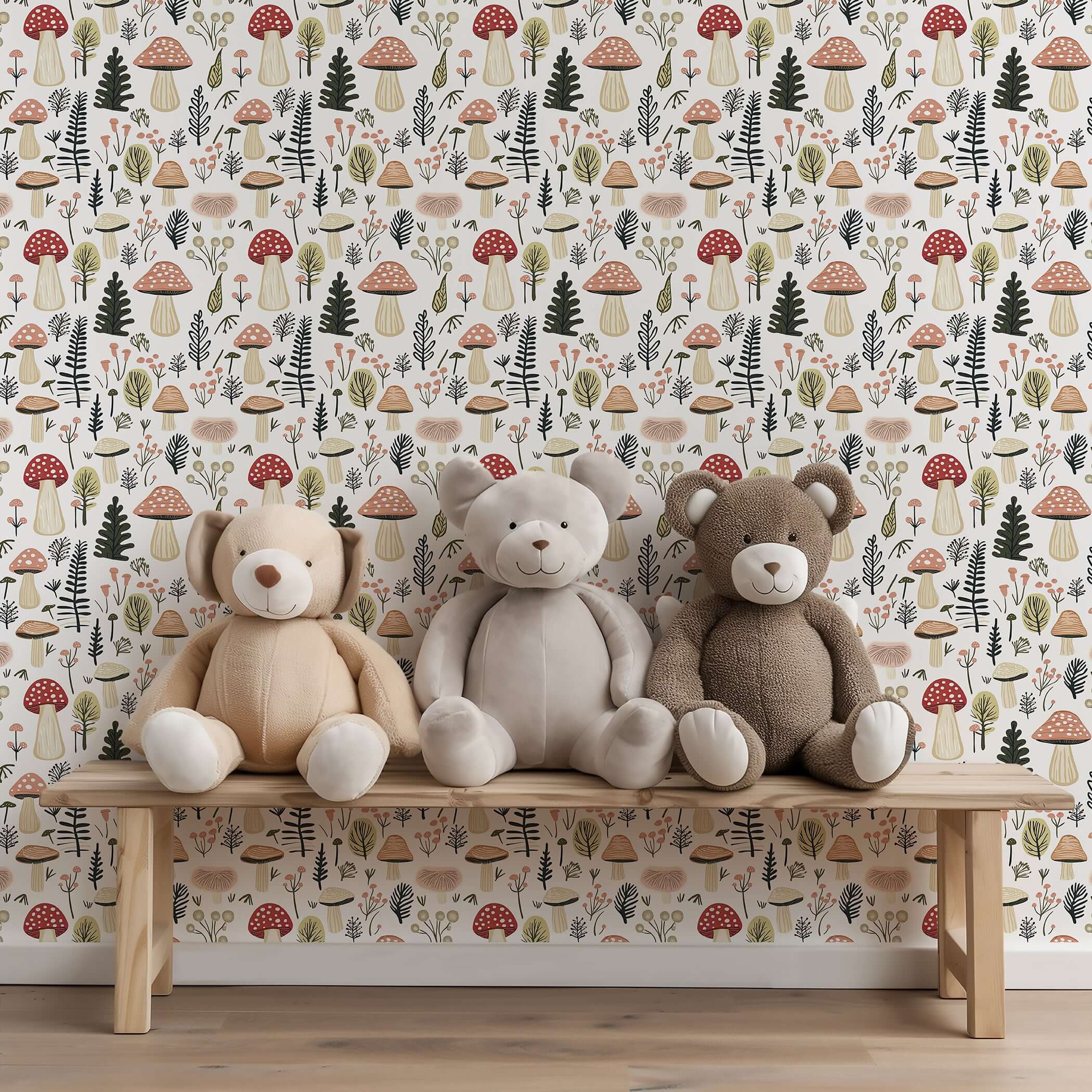 Woodland Wonder Toadstools Wallpaper with plush teddy bears on a wooden bench, ideal for modern nursery or playroom décor.