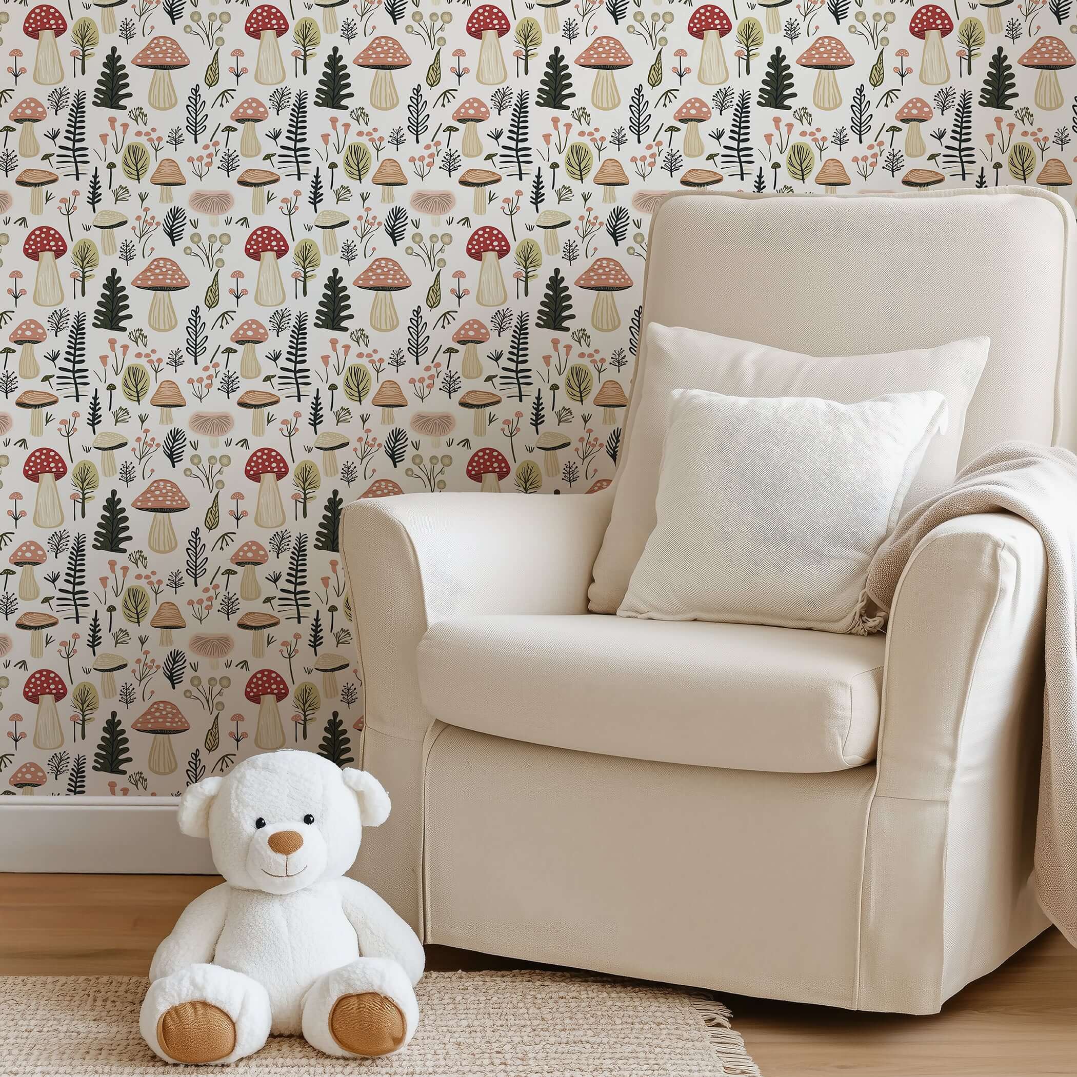 Cozy nursery with Woodland Wonder Toadstools wallpaper, featuring hand-drawn mushrooms, perfect for a baby or children's playroom.
