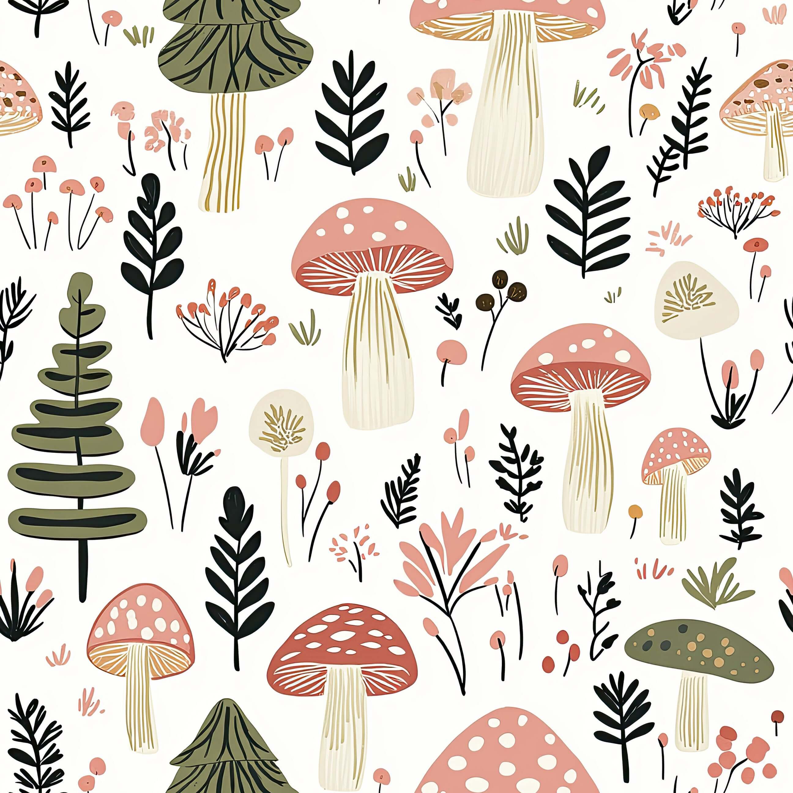 Charming hand-drawn mushrooms and pine trees on "Woodland Wonder Toadstools II" wallpaper for nurseries and playrooms.