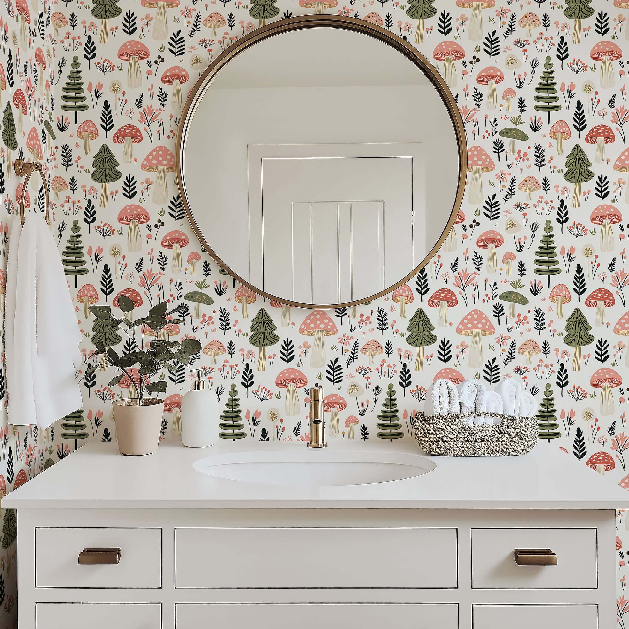 Whimsical woodland wallpaper with hand-drawn toadstools and trees in blush and green, perfect for nurseries and playrooms.