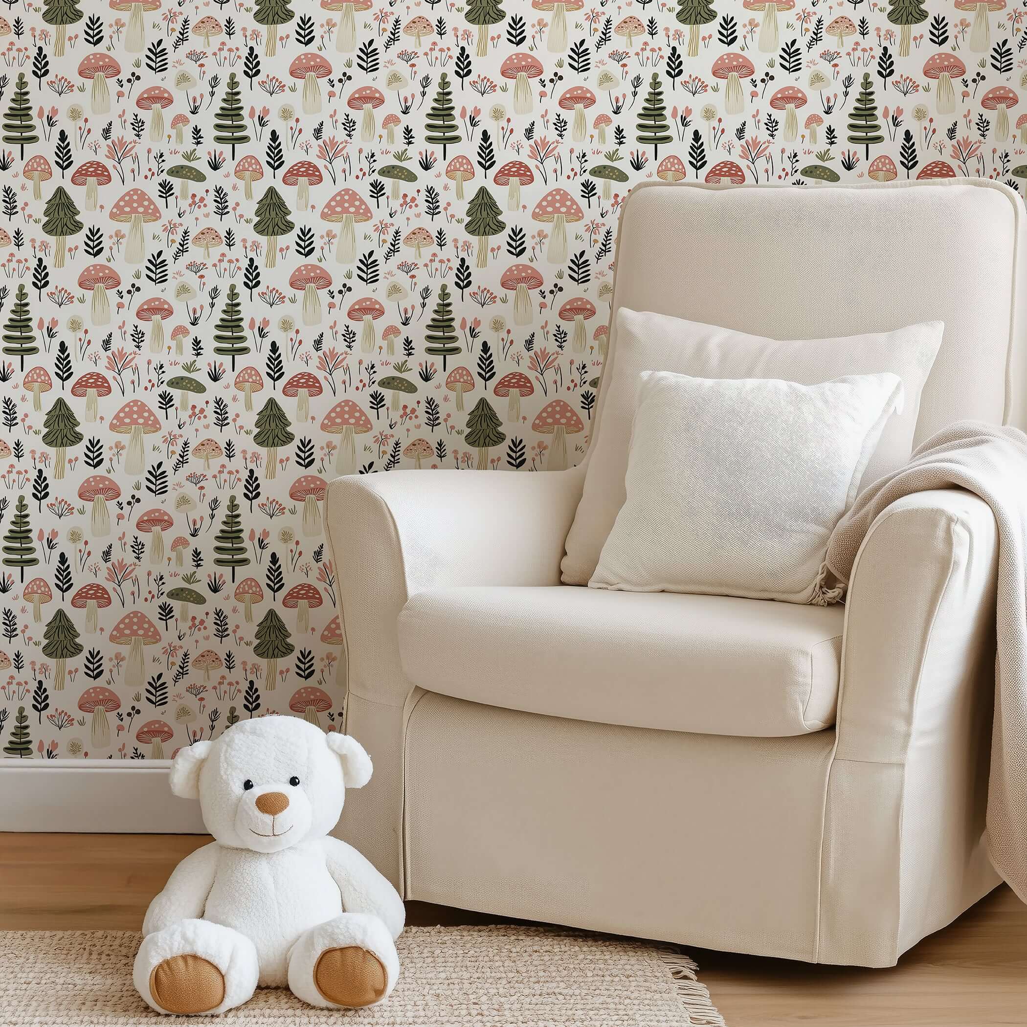 Woodland Wonder Toadstools II wallpaper in nursery with mushrooms and pine trees, modern design for baby and children’s playroom.