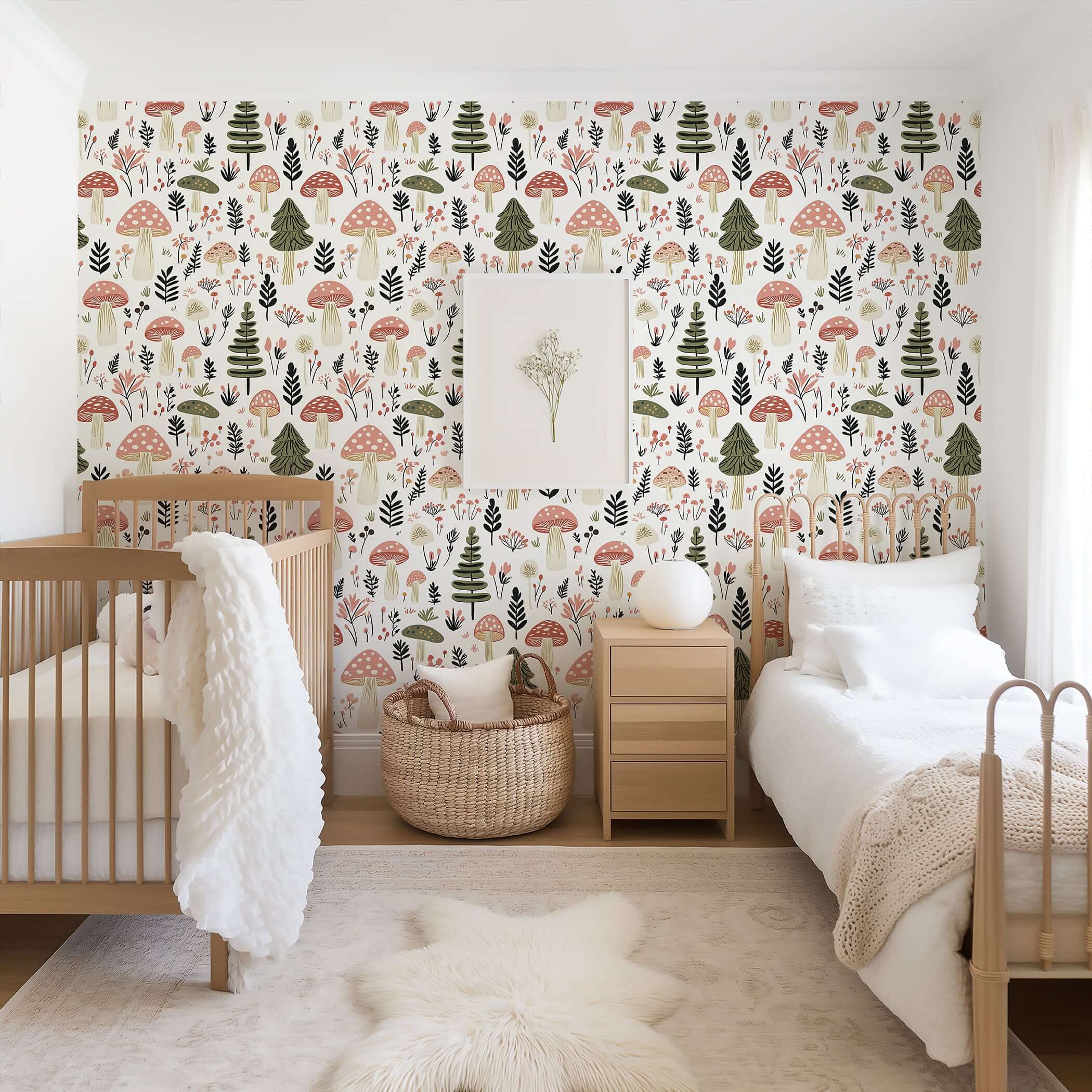 Charming woodland toadstools wallpaper in nursery, featuring hand-drawn mushrooms, trees, and botanicals in blush and green.