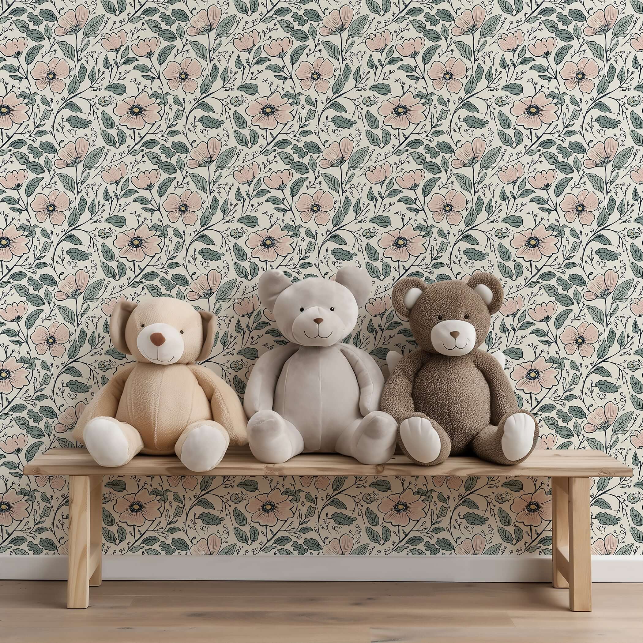 Enchanting flower fairyland wallpaper with hand-drawn botanicals and plush bears creates a cozy cottagecore nursery vibe.