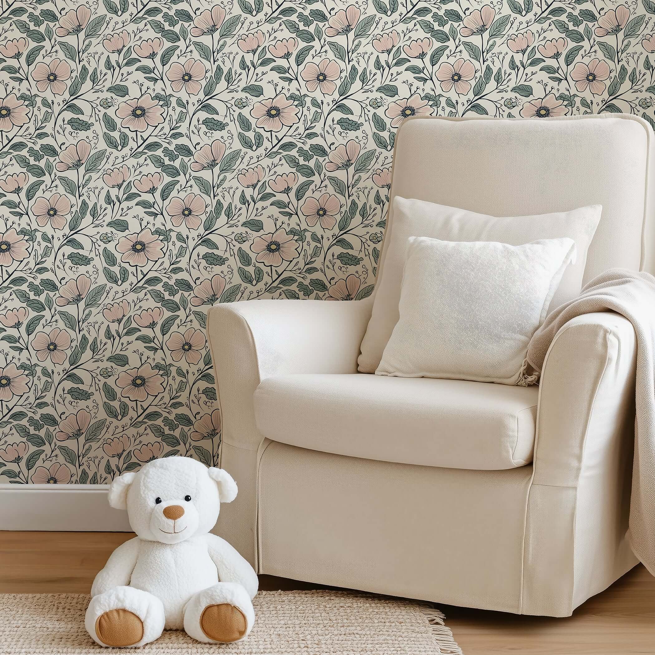 Cozy nursery with modern Flower Fairyland wallpaper, blush blossoms, sage leaves, and cottagecore charm. Perfect for children's spaces.