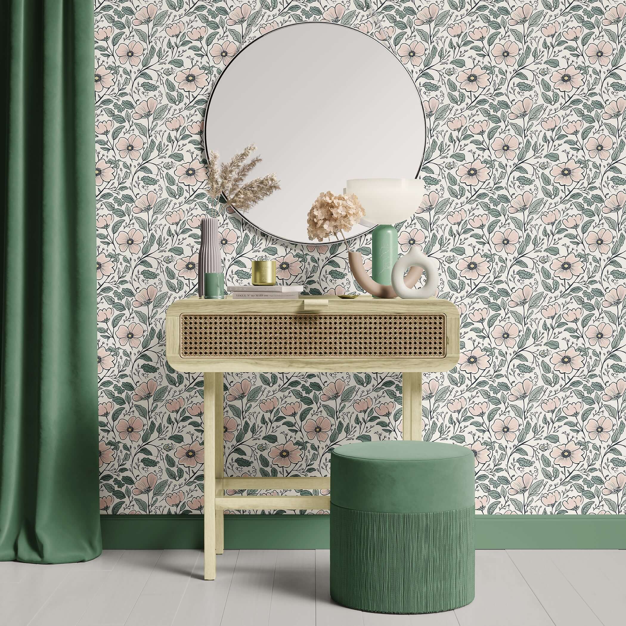 Blooming flower fairyland wallpaper with botanicals, blush blossoms, modern cottagecore nursery decor, and a charming vanity setup.