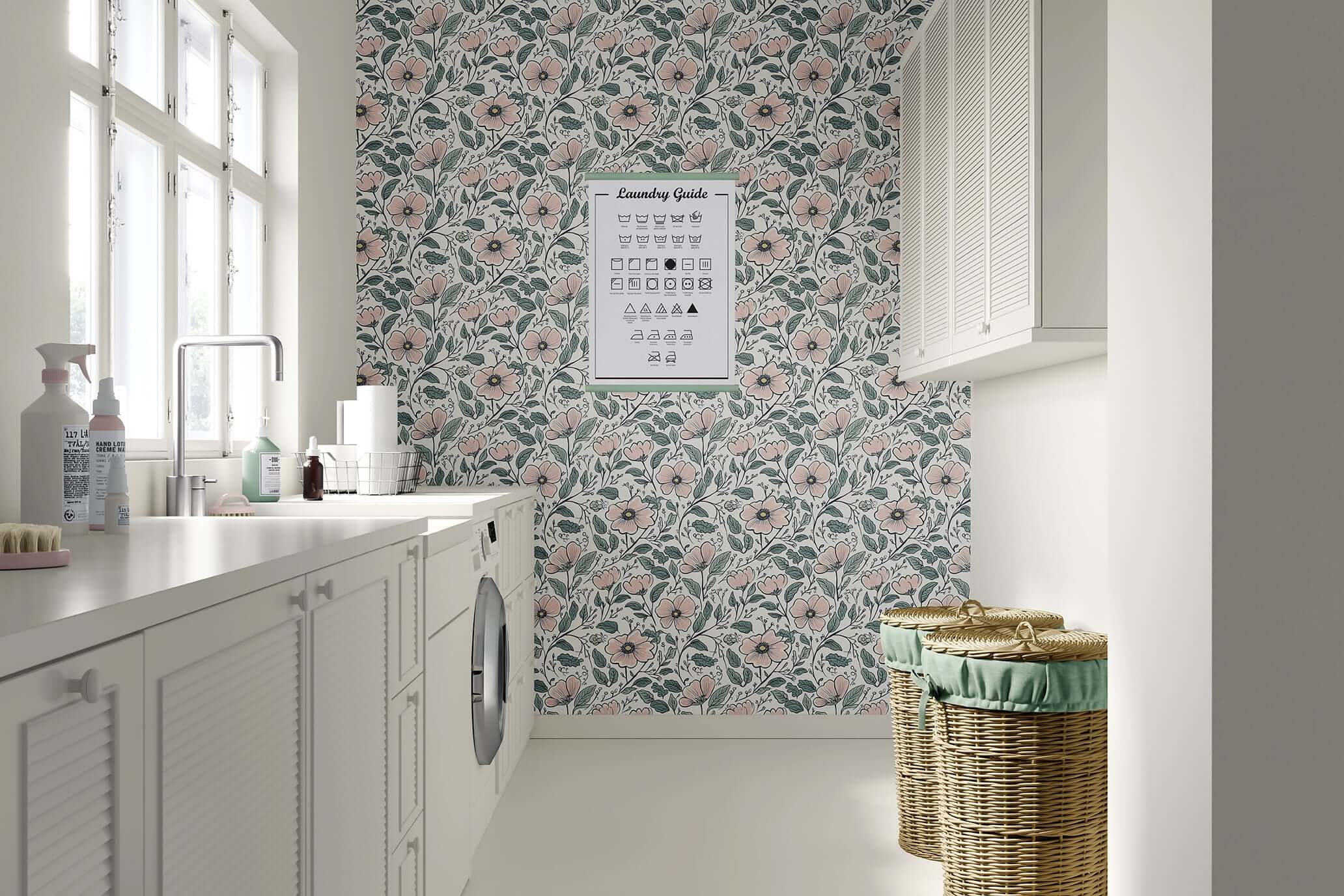 Blossoming flower fairyland wallpaper with soft blush blooms and green leaves in a modern laundry room, perfect for cottagecore charm.