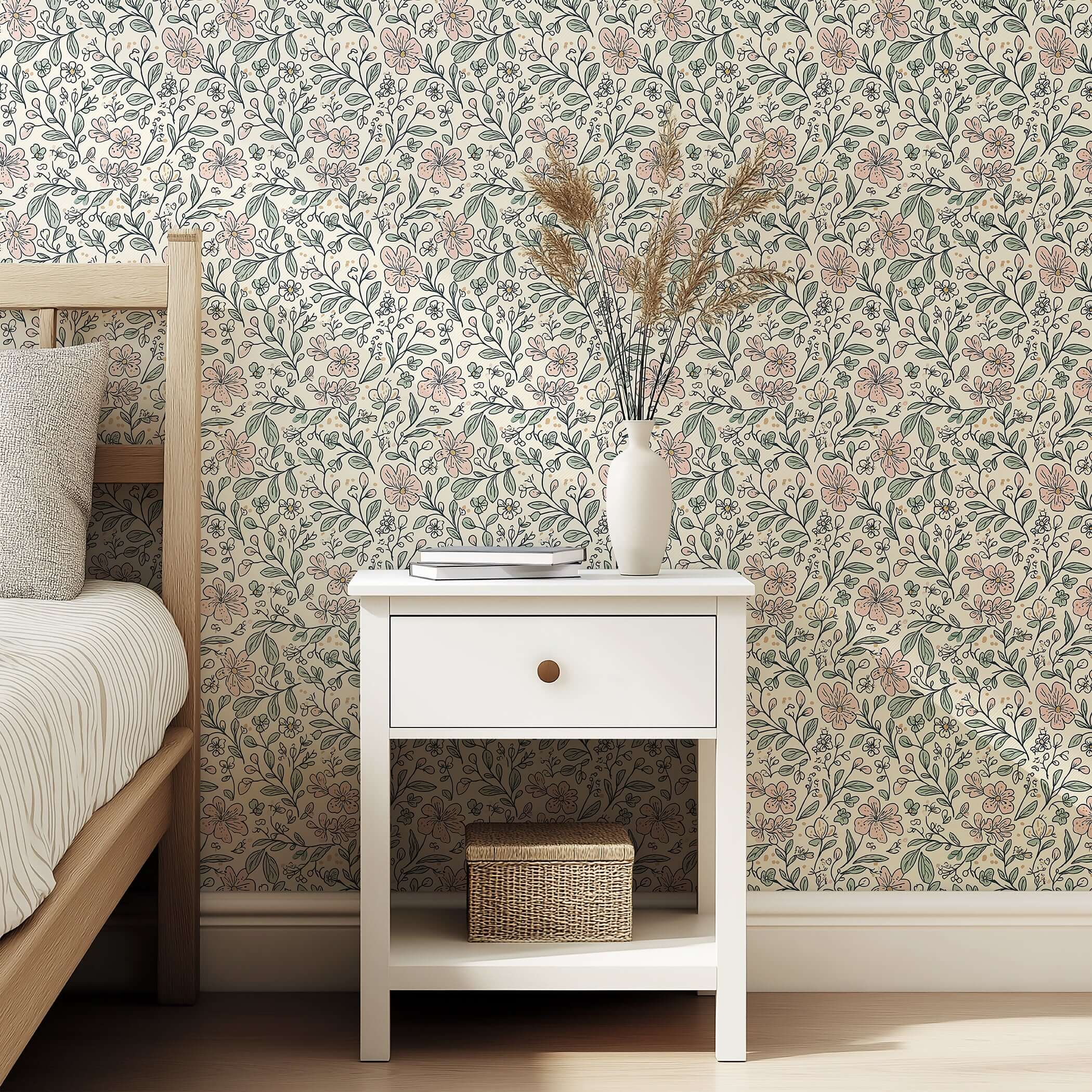 Little Blossoms Garden wallpaper with pink floral, green leaves on cream background. Perfect for nursery, playroom, or cottagecore style.
