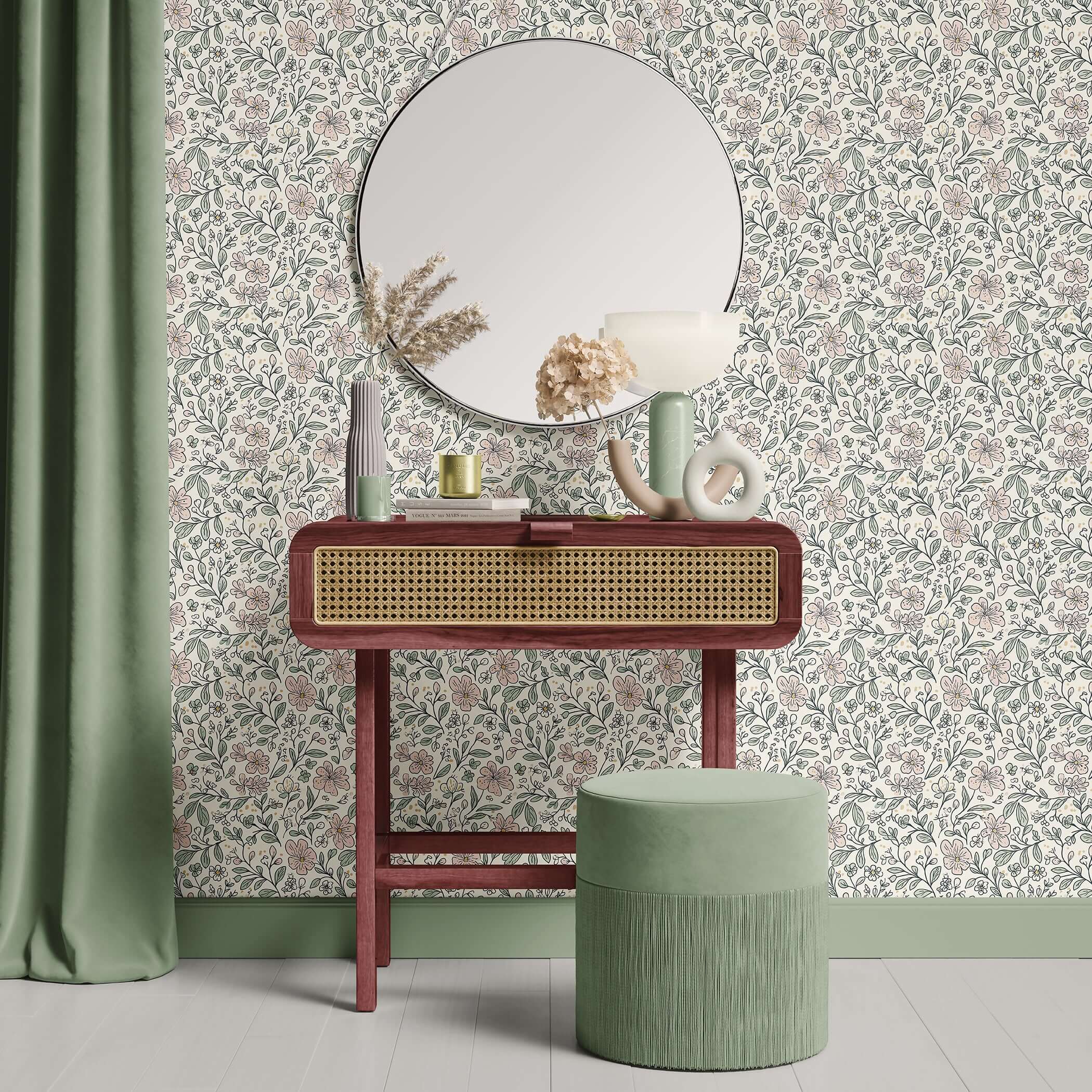 Cottagecore style room with "Little Blossoms Garden" wallpaper featuring pink floral and green botanicals, perfect for nurseries and playrooms.
