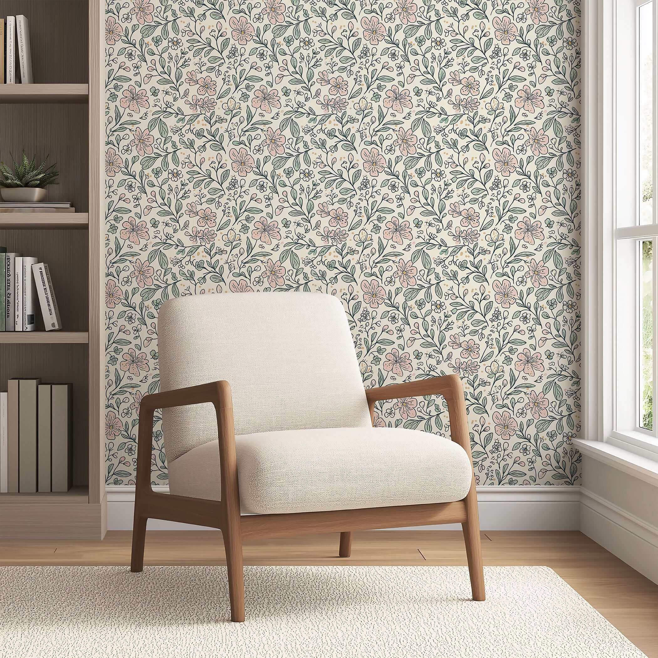 Little Blossoms Garden wallpaper with pink floral botanicals and leafy sprigs creates a charming cottagecore atmosphere in a modern room.