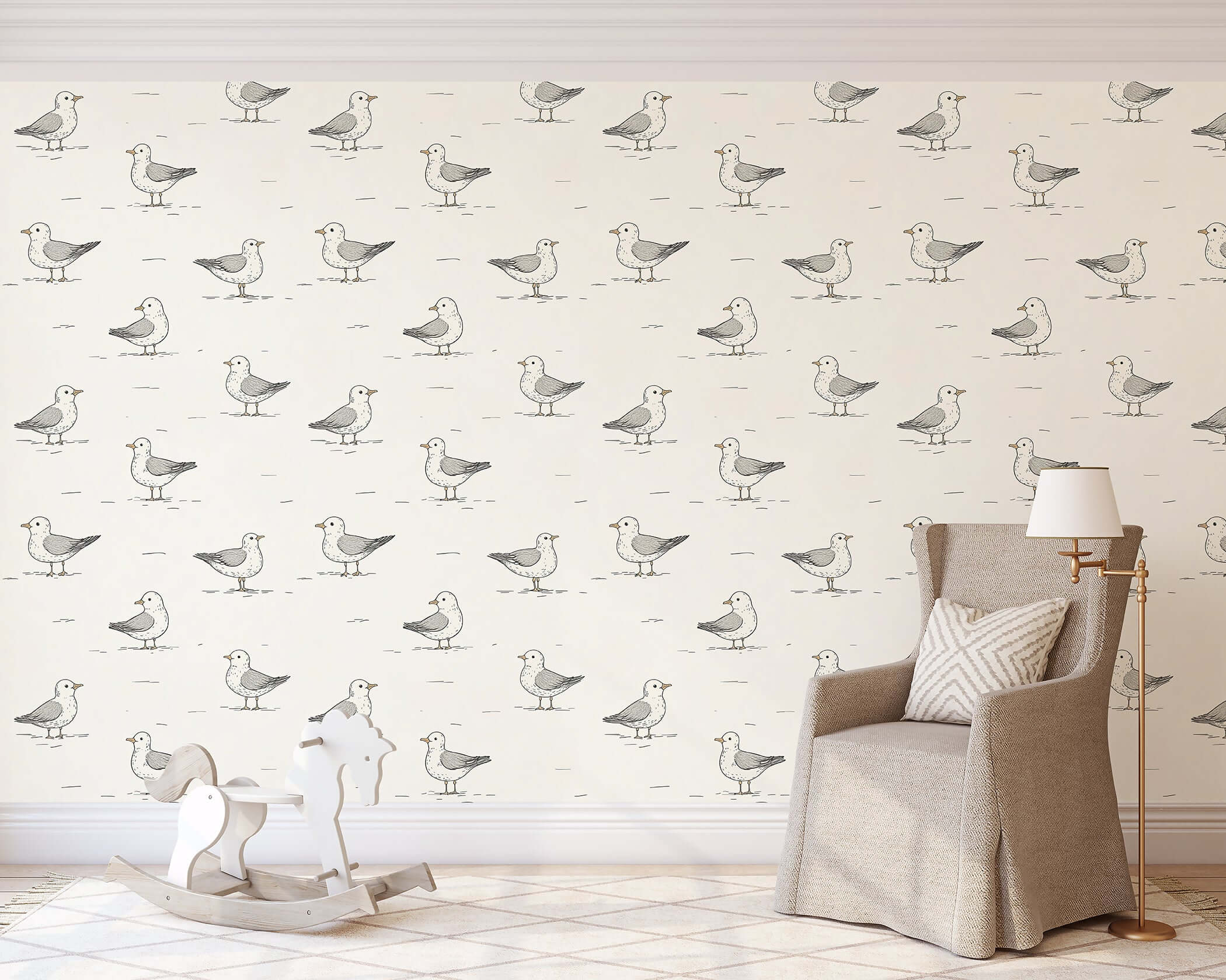 Whimsical seagull wallpaper in a nursery setting, perfect for modern design, children’s playrooms, and baby nurseries.