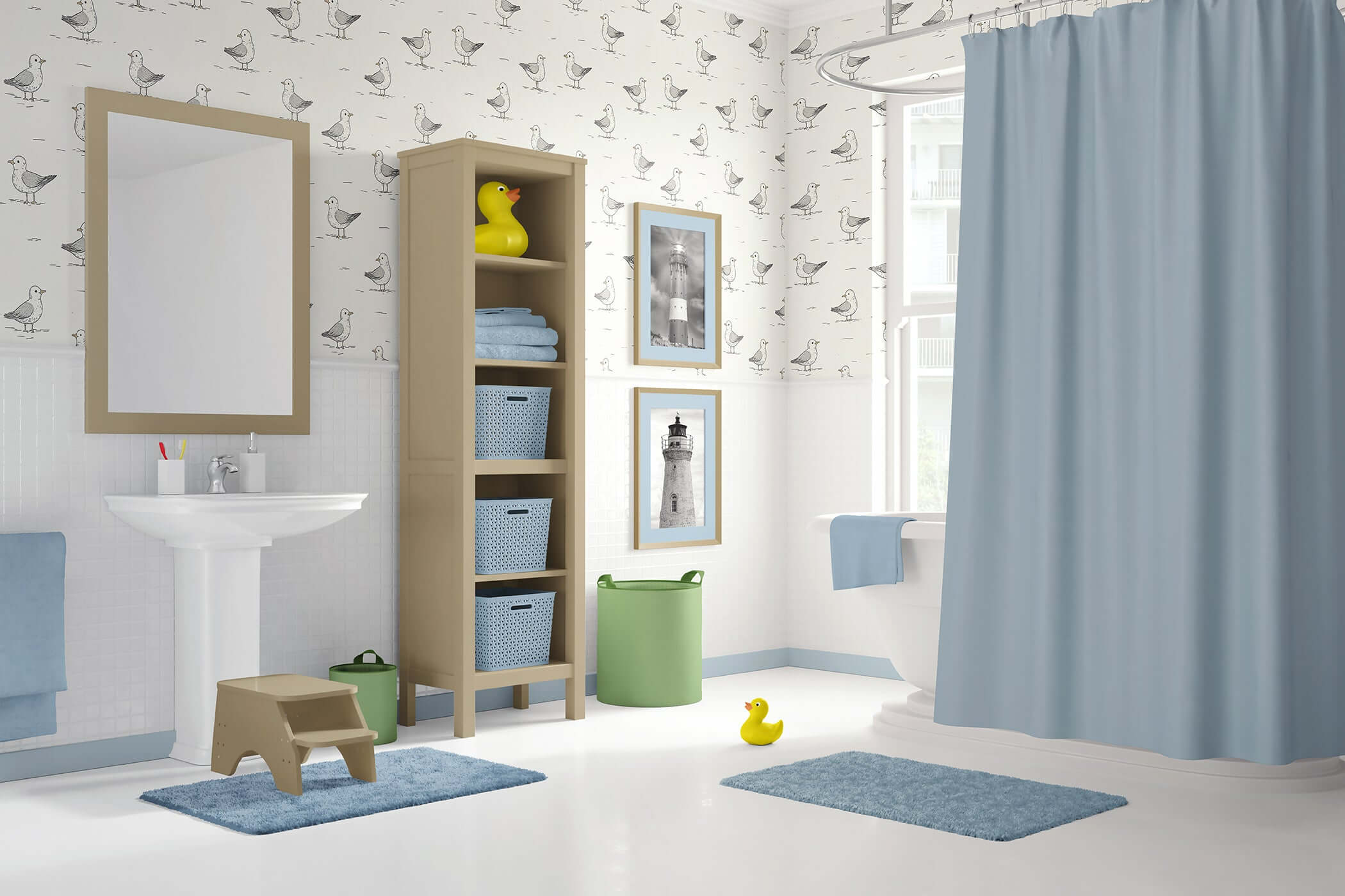Bathroom with Little Seagull Adventures wallpaper, featuring whimsical seagulls on cream. Decorated with blue mats, wooden shelf, and rubber duck.