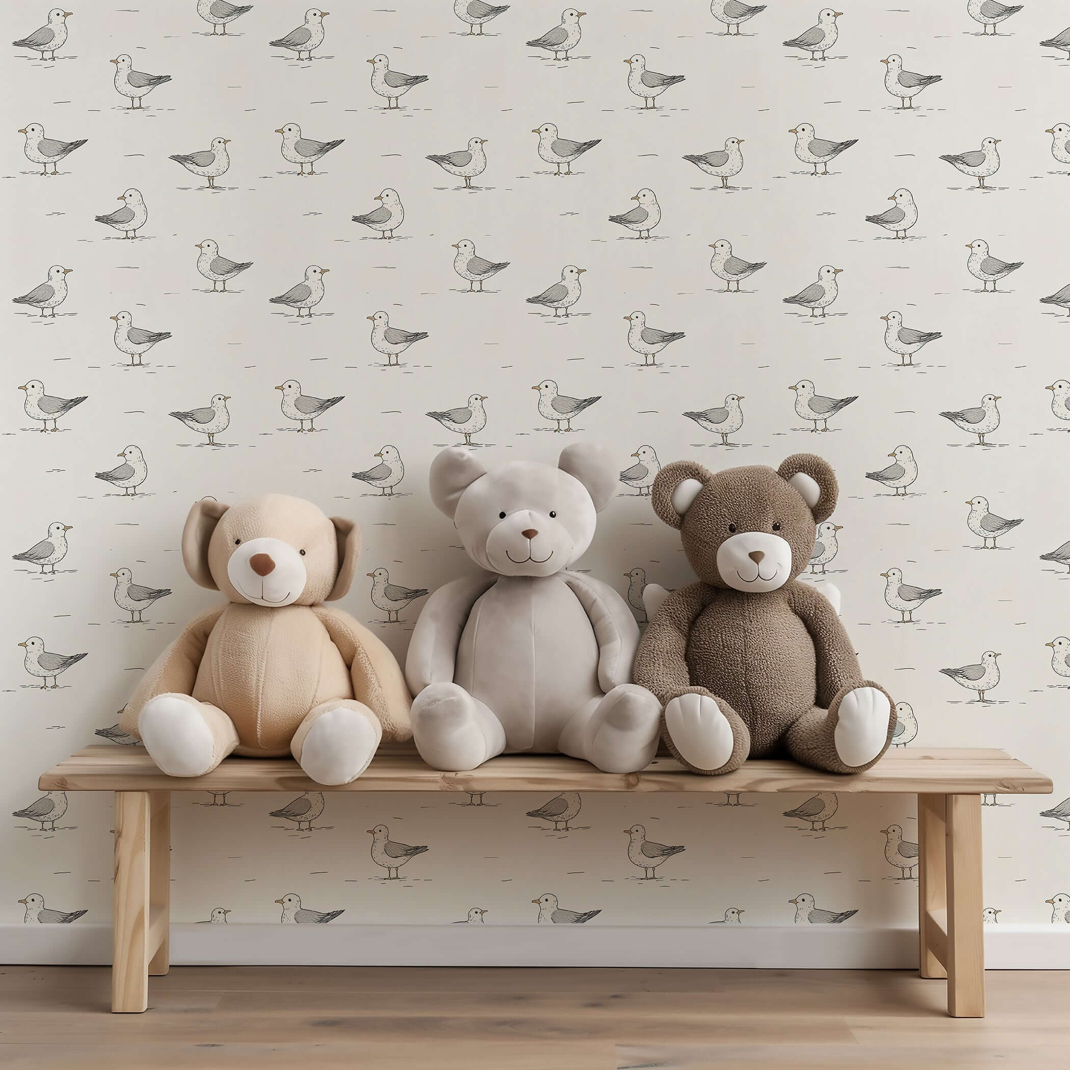 Whimsical seagull wallpaper with teddy bears on a bench, perfect for modern nursery or playroom decor.