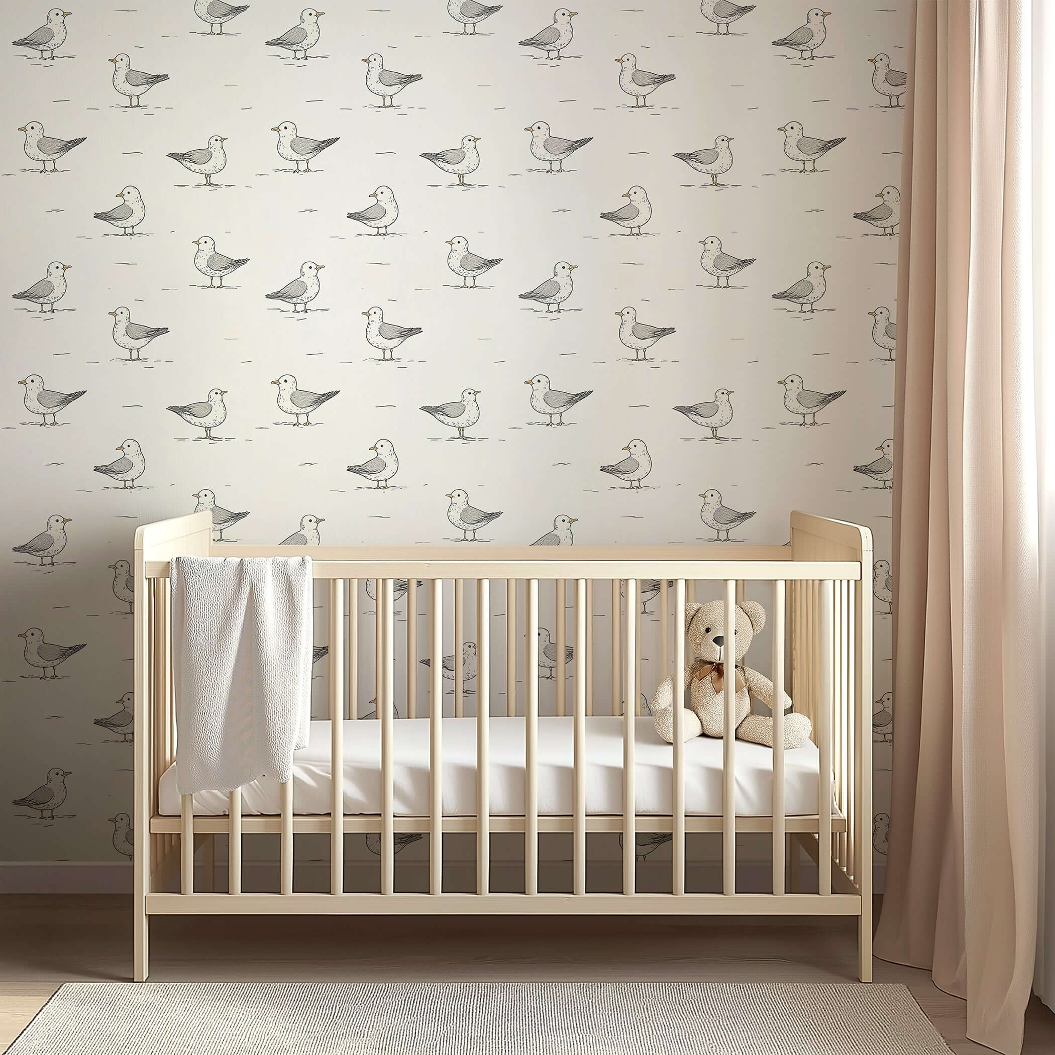 Playful seagull wallpaper in a nursery with a crib, blending modern design and coastal charm for baby and children's rooms.