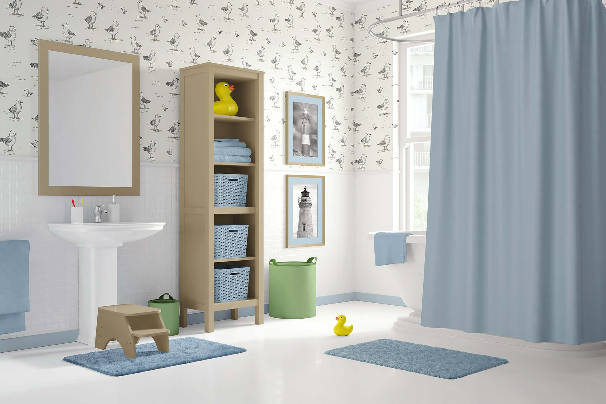 Charming bathroom with seagull wallpaper, wooden shelves, blue accents, and rubber ducky, creating a playful coastal atmosphere.