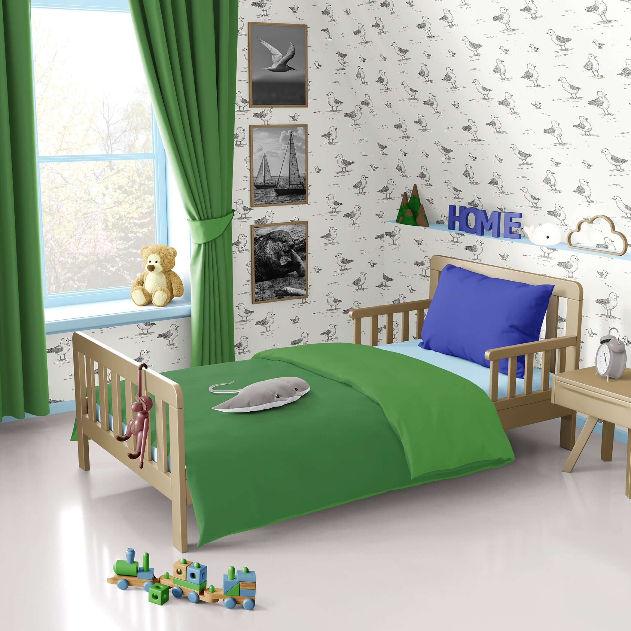 Children's room with Seaside Seagull Friends wallpaper, wooden bed, green bedding, and toys. Ideal for playrooms or nurseries.