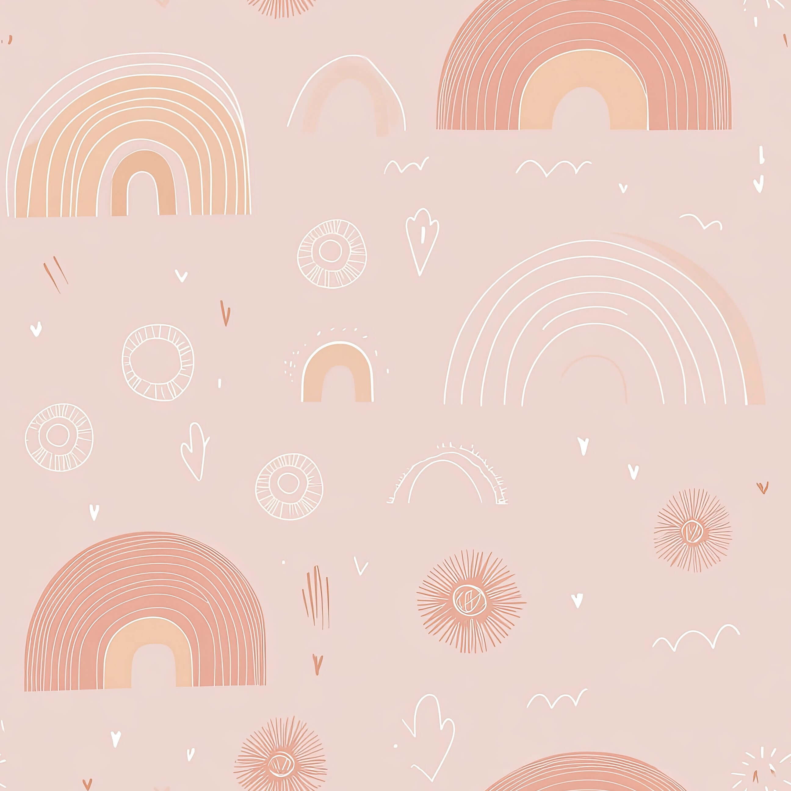 Pastel Rainbow Delight wallpaper with pink hand-drawn rainbows and sunbursts, perfect for modern nurseries and children's playrooms.