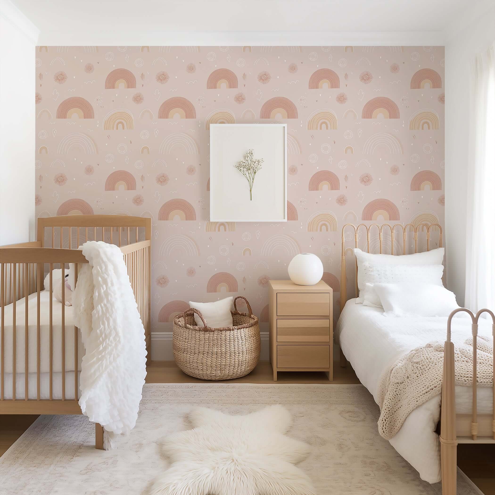 Pastel Rainbow Delight Wallpaper in nursery with cribs, featuring pink hand-drawn rainbows and sunbursts; modern design for kids' rooms.
