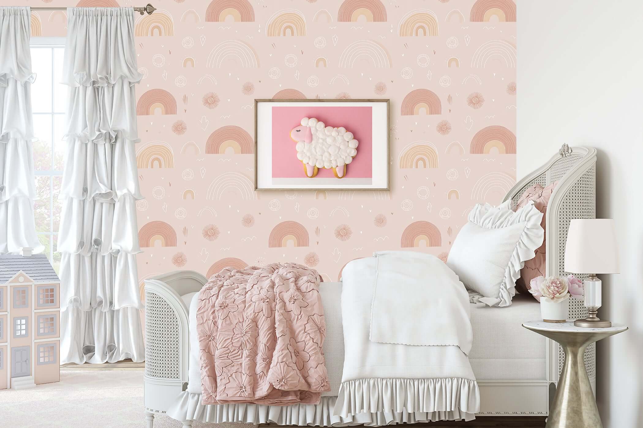 Pastel pink rainbow wallpaper in children's room with cozy bed, perfect for baby nursery or playroom with modern design.