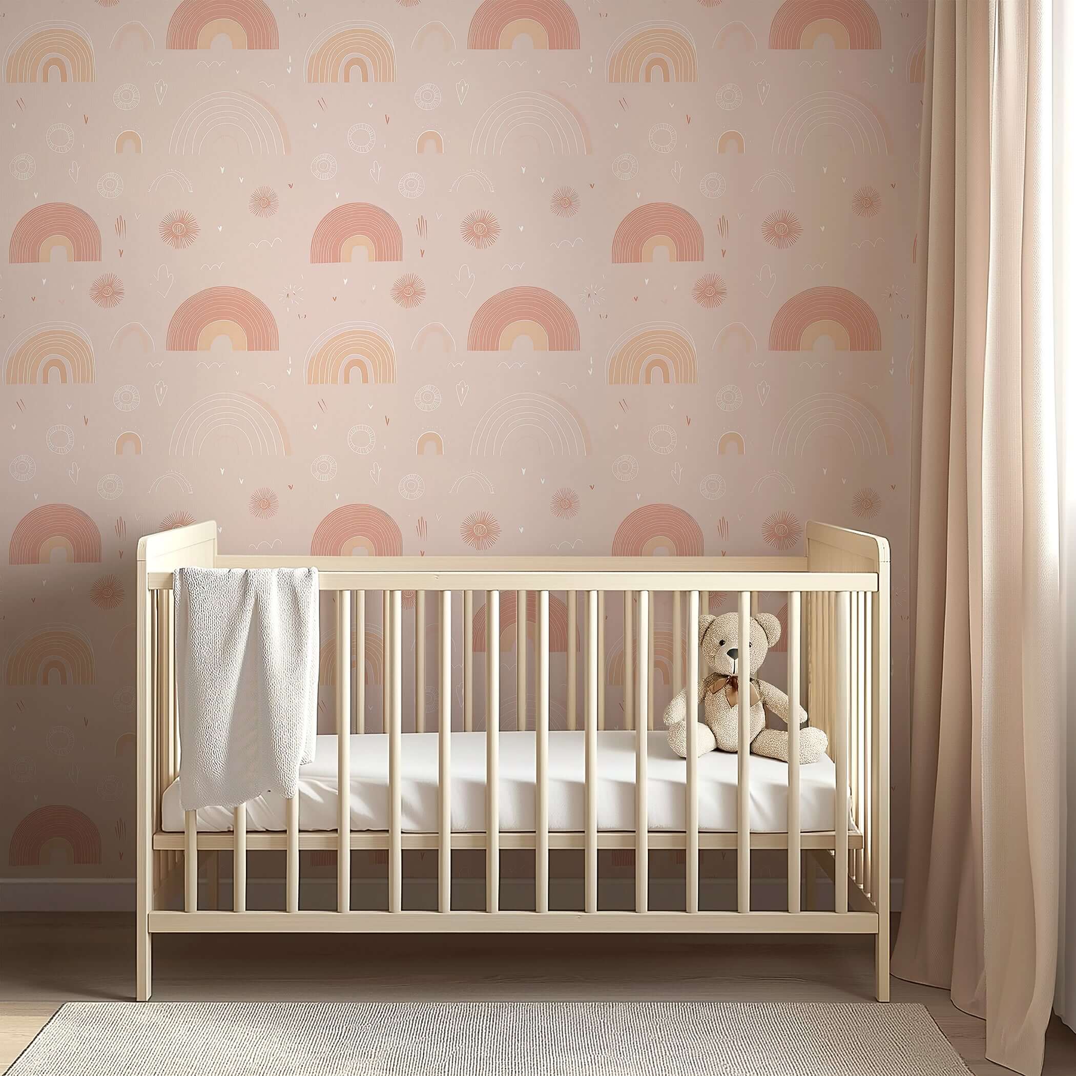 Pastel Rainbow Delight Wallpaper with pink rainbows and sunbursts in a baby nursery, perfect for modern design and playrooms.