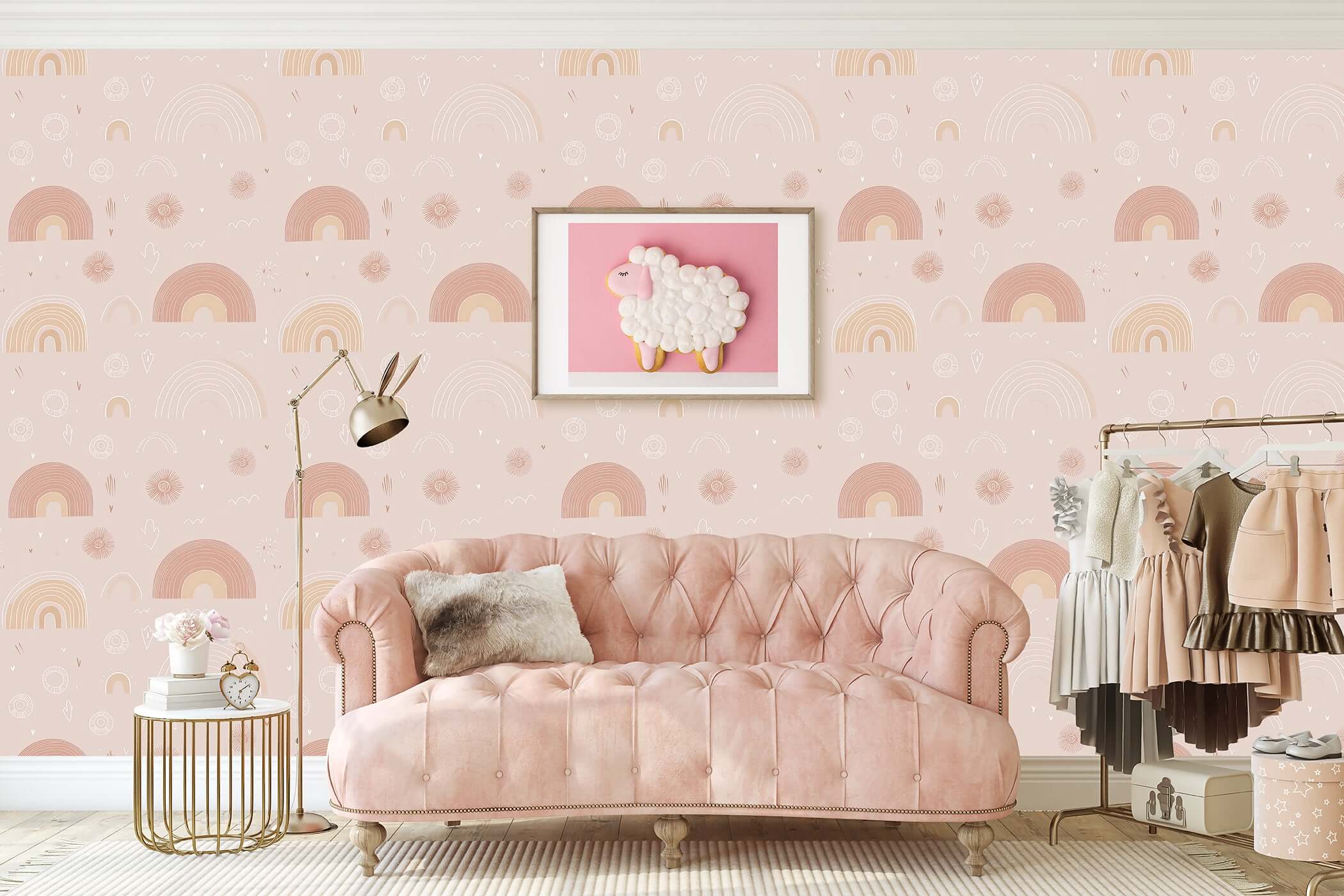Cozy room with pastel rainbow wallpaper, plush pink couch, and playful nursery art featuring soft colors for a whimsical children's space.