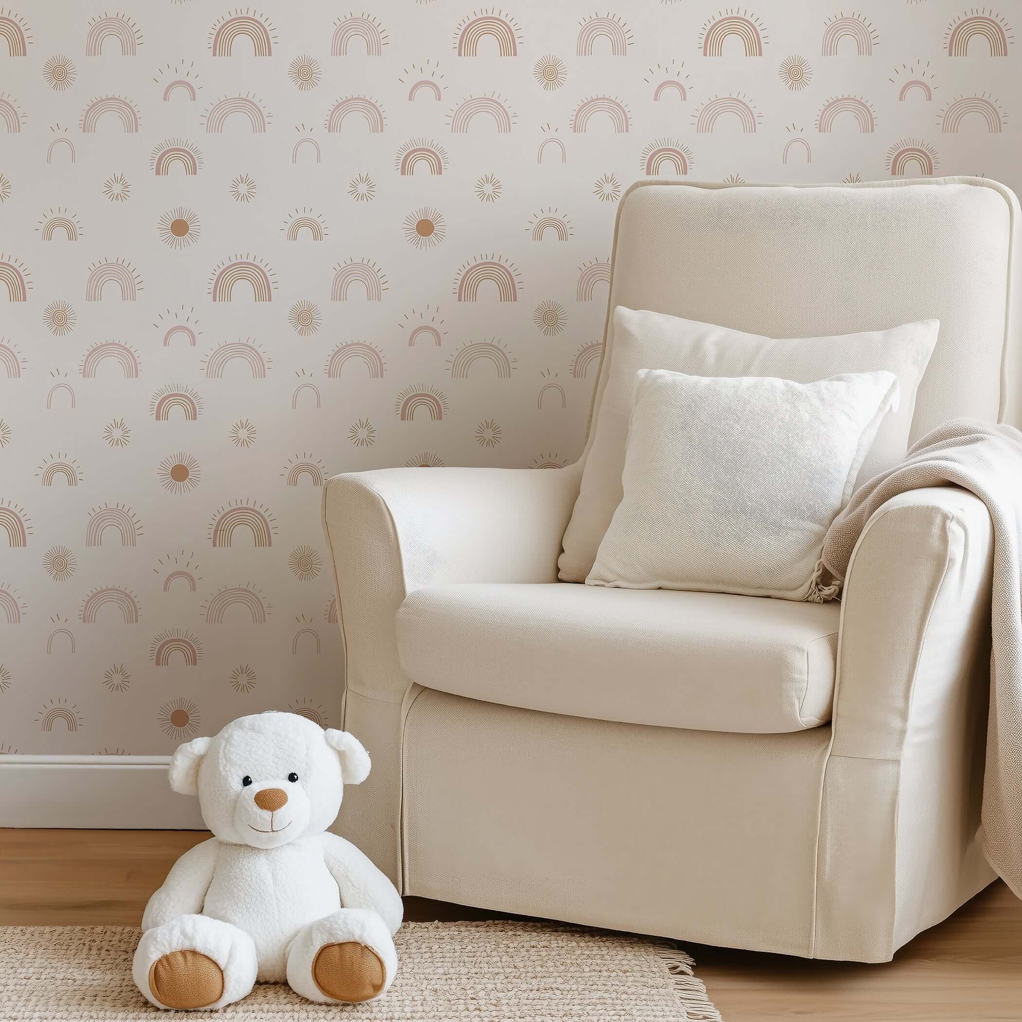 Cozy nursery with Sunshine and Rainbows wallpaper featuring playful rainbows and suns, ideal for modern baby spaces and playrooms.