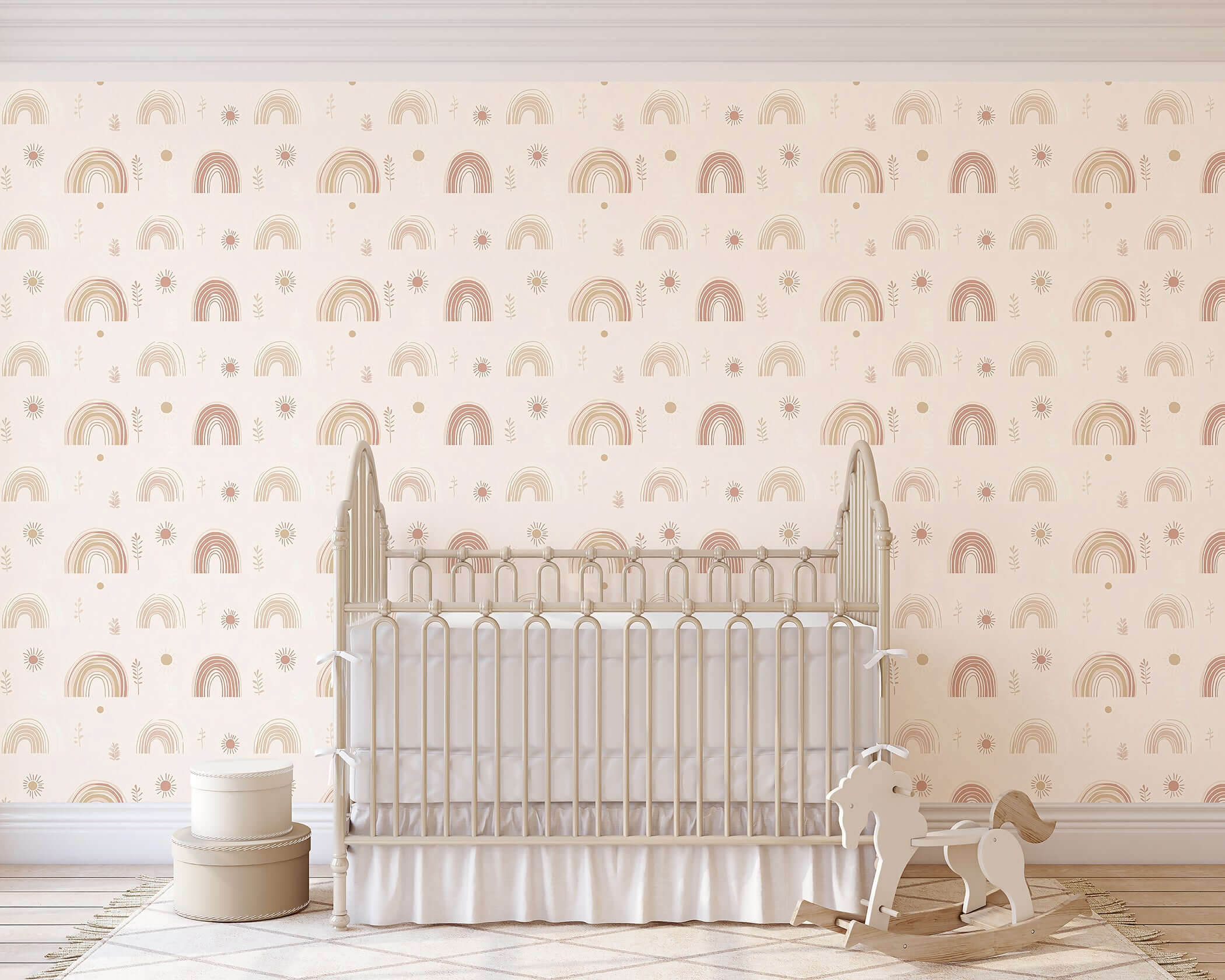 Nursery with Sunshine and Rainbows II Wallpaper featuring pastel rainbows and suns, perfect for modern baby rooms and playful designs.