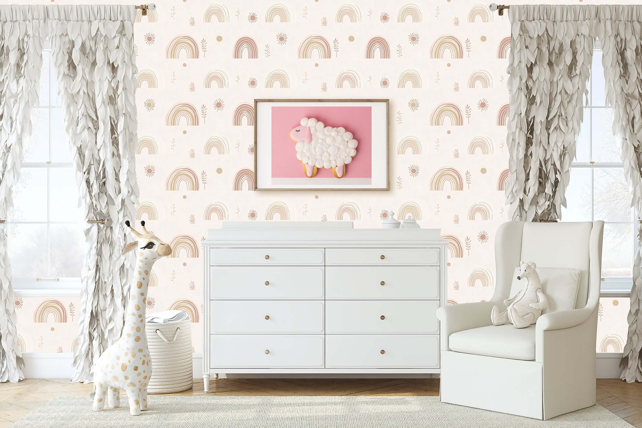 Nursery with Sunshine and Rainbows II wallpaper featuring pastel rainbows and suns, perfect for a playful modern baby or children's room.