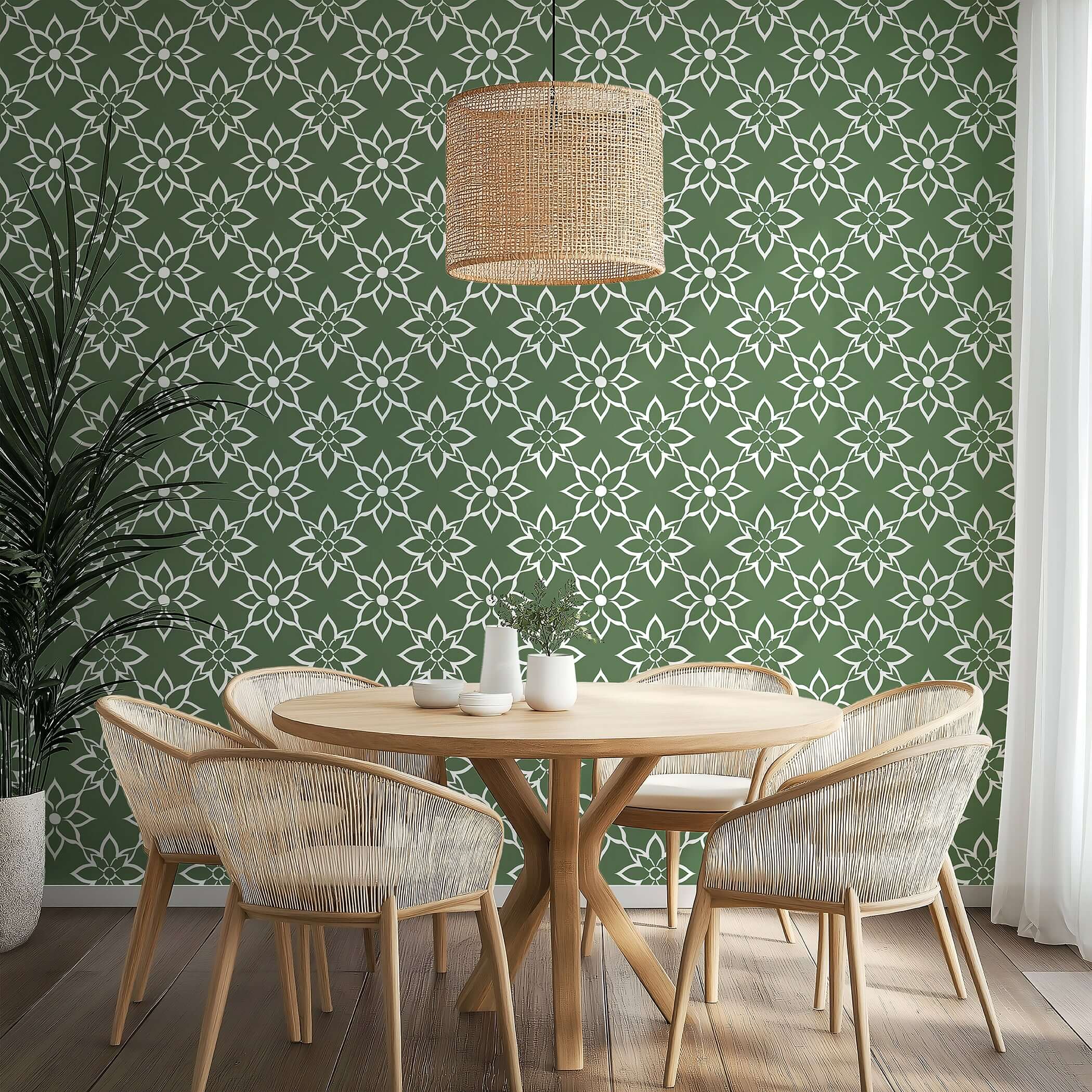 Dining room with Refined Floral Heritage Wallpaper featuring white floral patterns on a green background, modern and elegant decor.