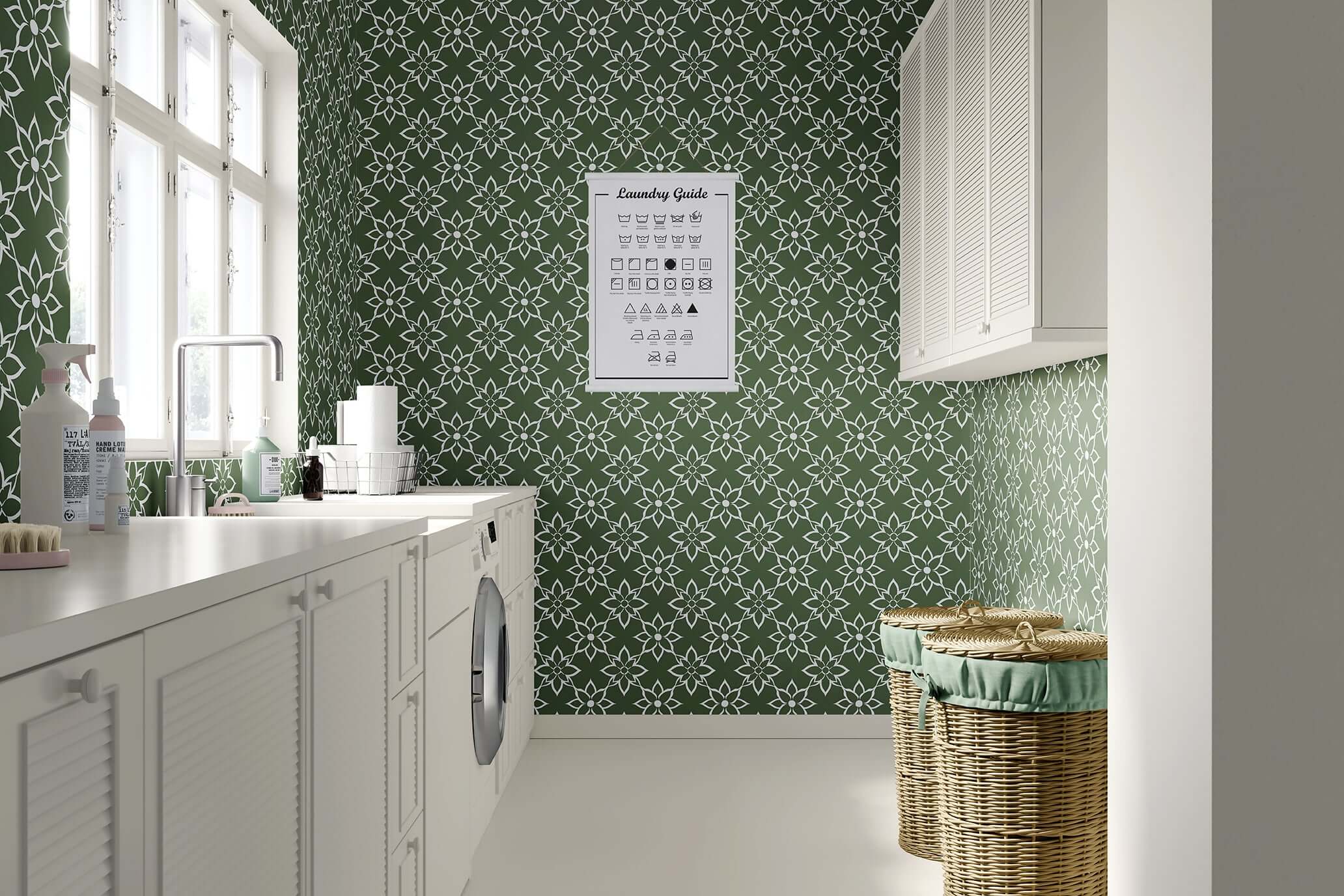 Laundry room featuring Refined Floral Heritage wallpaper with white geometric florals on a deep green background, enhancing modern design.